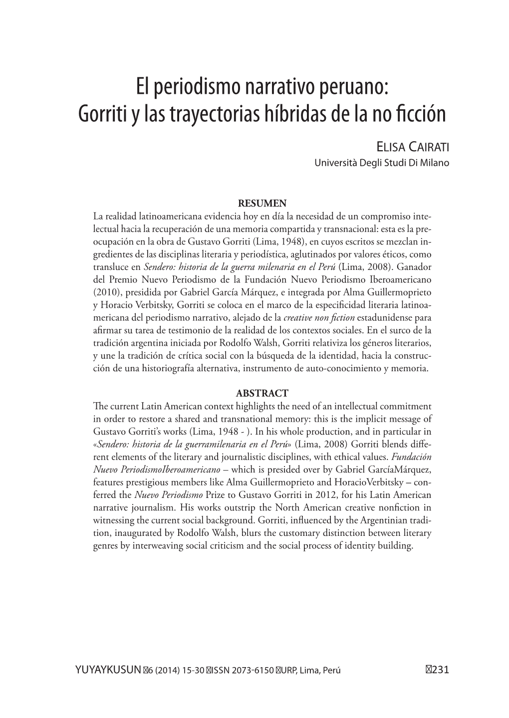 El Periodismo Narrativo Peruano: Gorriti Y Las Trayectorias Híbridas De La No Ficción