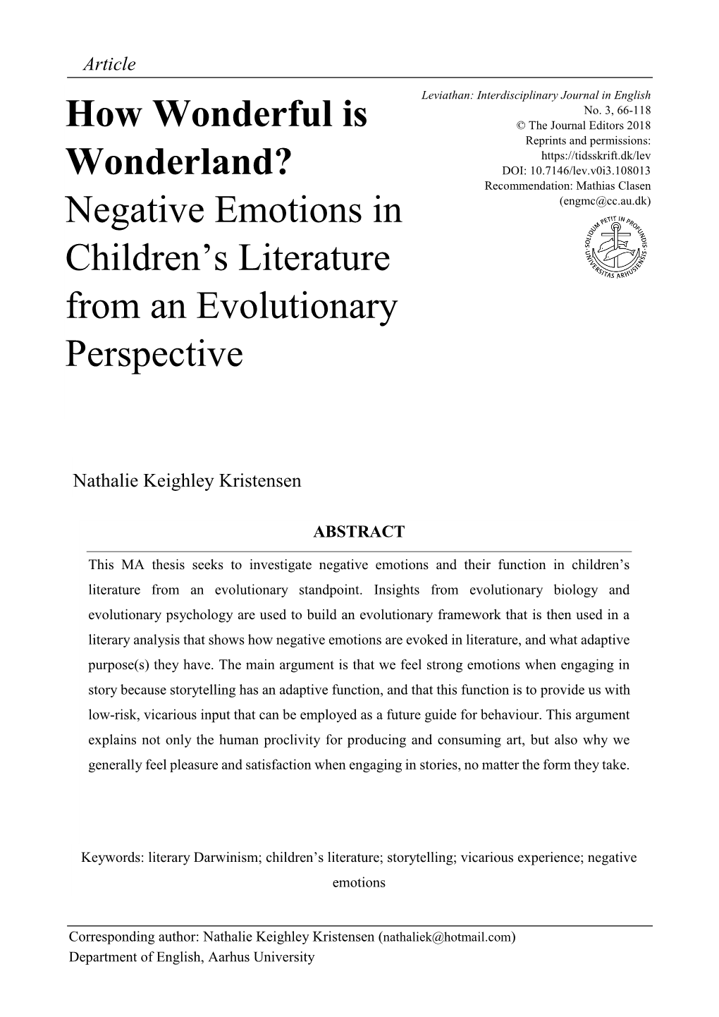 Negative Emotions in Children's Literature from an Evolutionary