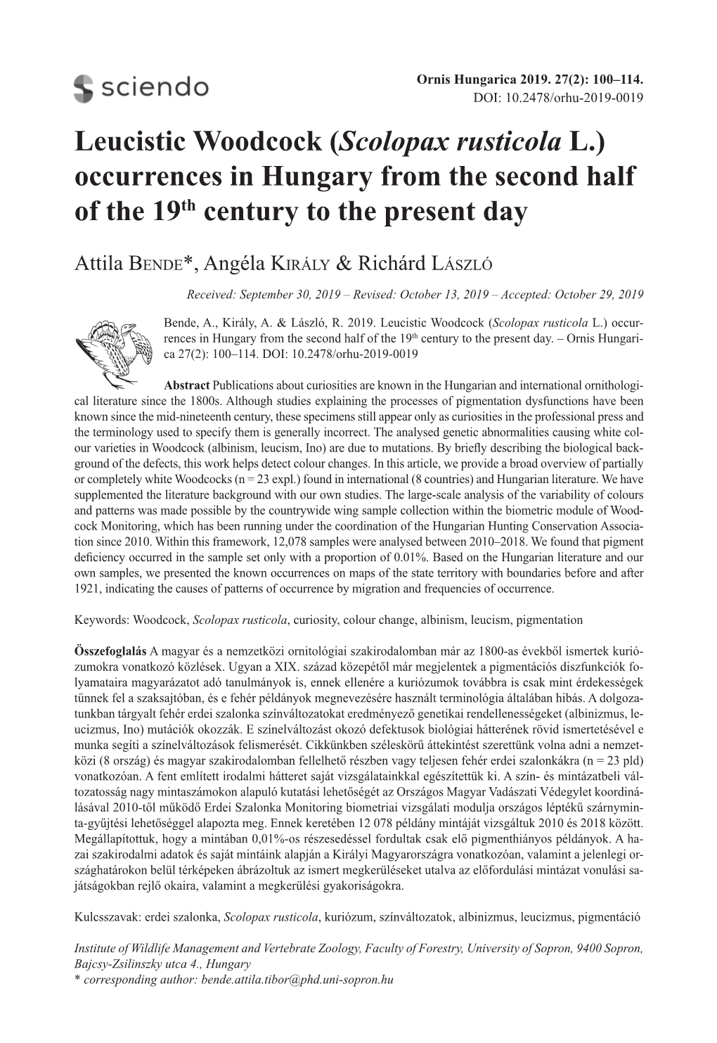 Leucistic Woodcock (Scolopax Rusticola L.) Occurrences in Hungary from the Second Half of the 19Th Century to the Present Day