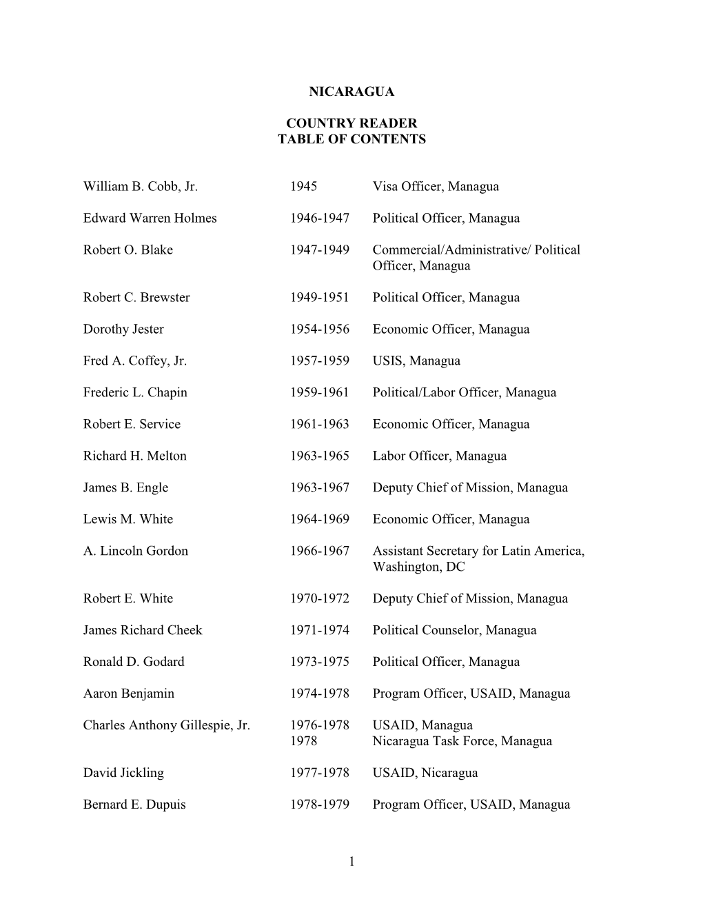 1 NICARAGUA COUNTRY READER TABLE of CONTENTS William B. Cobb, Jr. 1945 Visa Officer, Managua Edward Warren Holmes 1946-1947 Poli