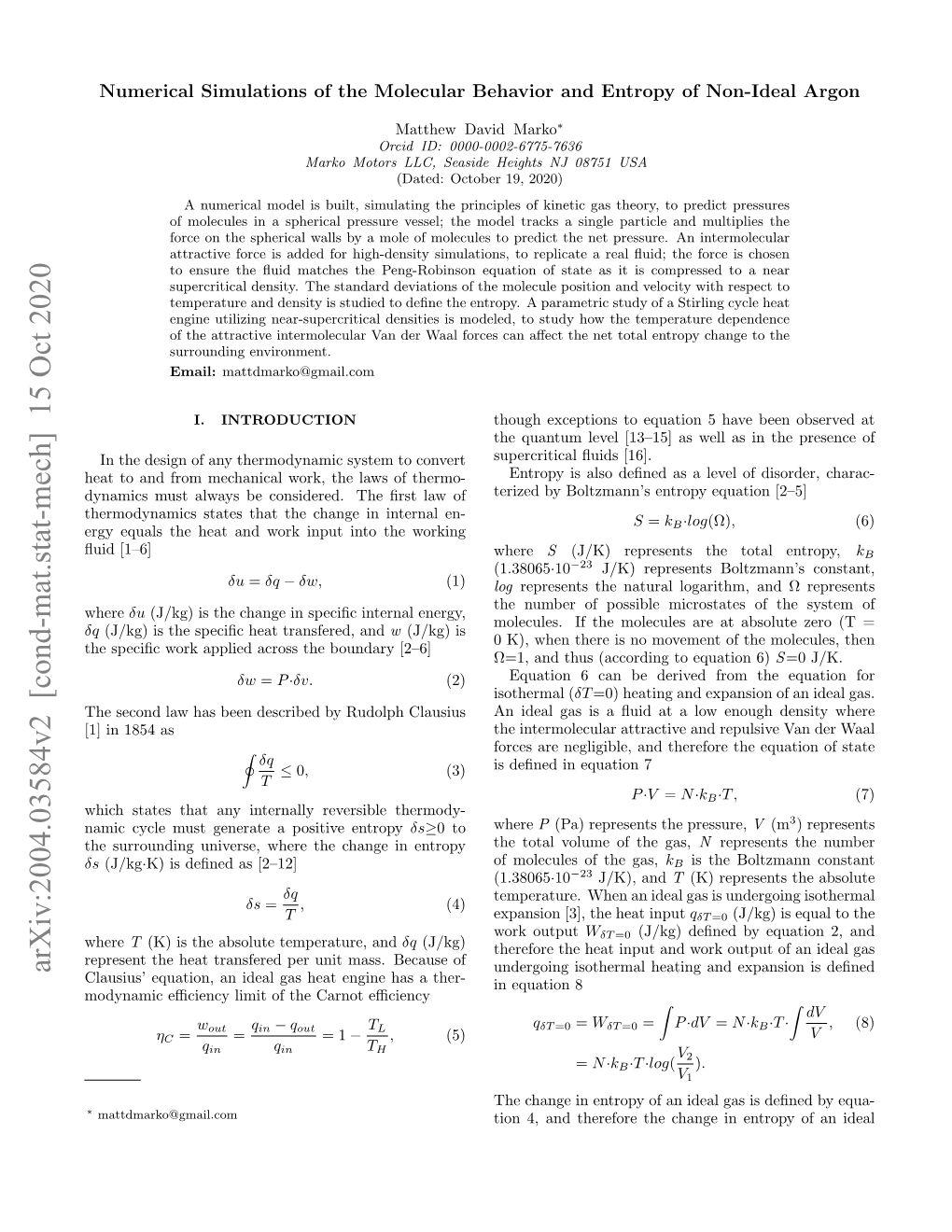 Numerical Simulations of the Molecular Behavior and Entropy of Non-Ideal Argon