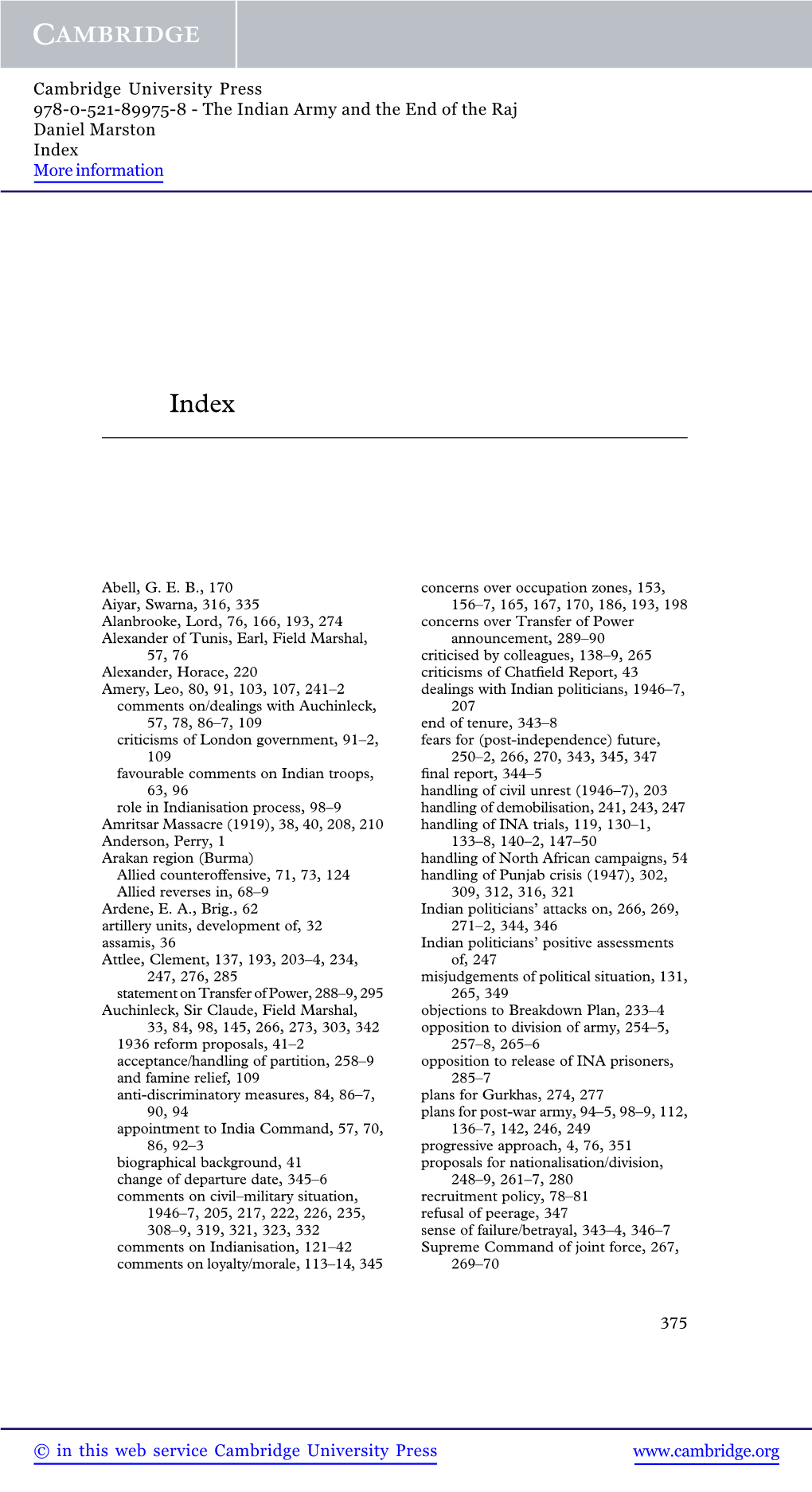 The Indian Army and the End of the Raj Daniel Marston Index More Information