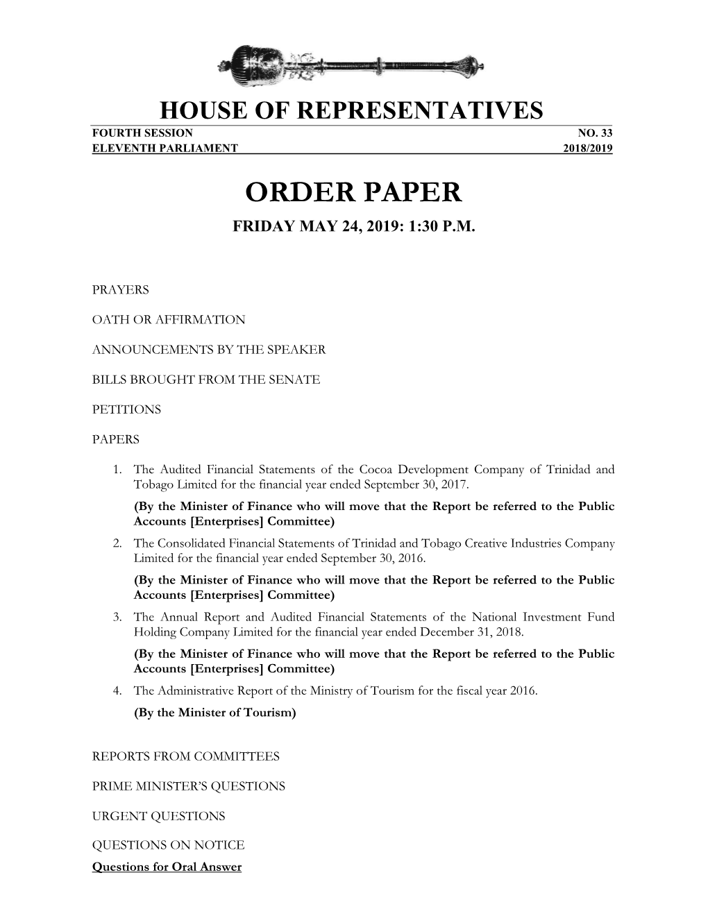 20190524, House of Representatives Order Paper