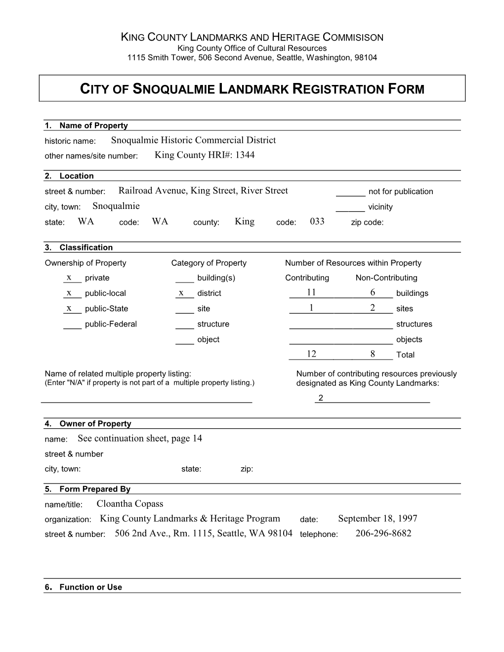 City of Snoqualmie Landmark Registration Form