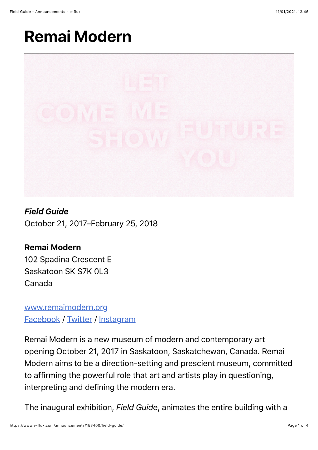 Field Guide - Announcements - E-Flux 11/01/2021, 12:46 Remai Modern