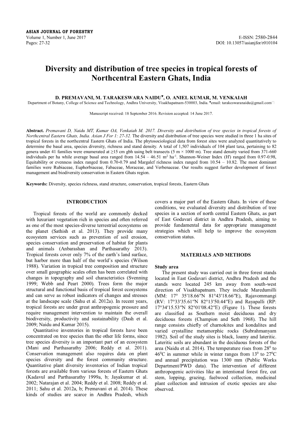 Diversity and Distribution of Tree Species in Tropical Forests of Northcentral Eastern Ghats, India