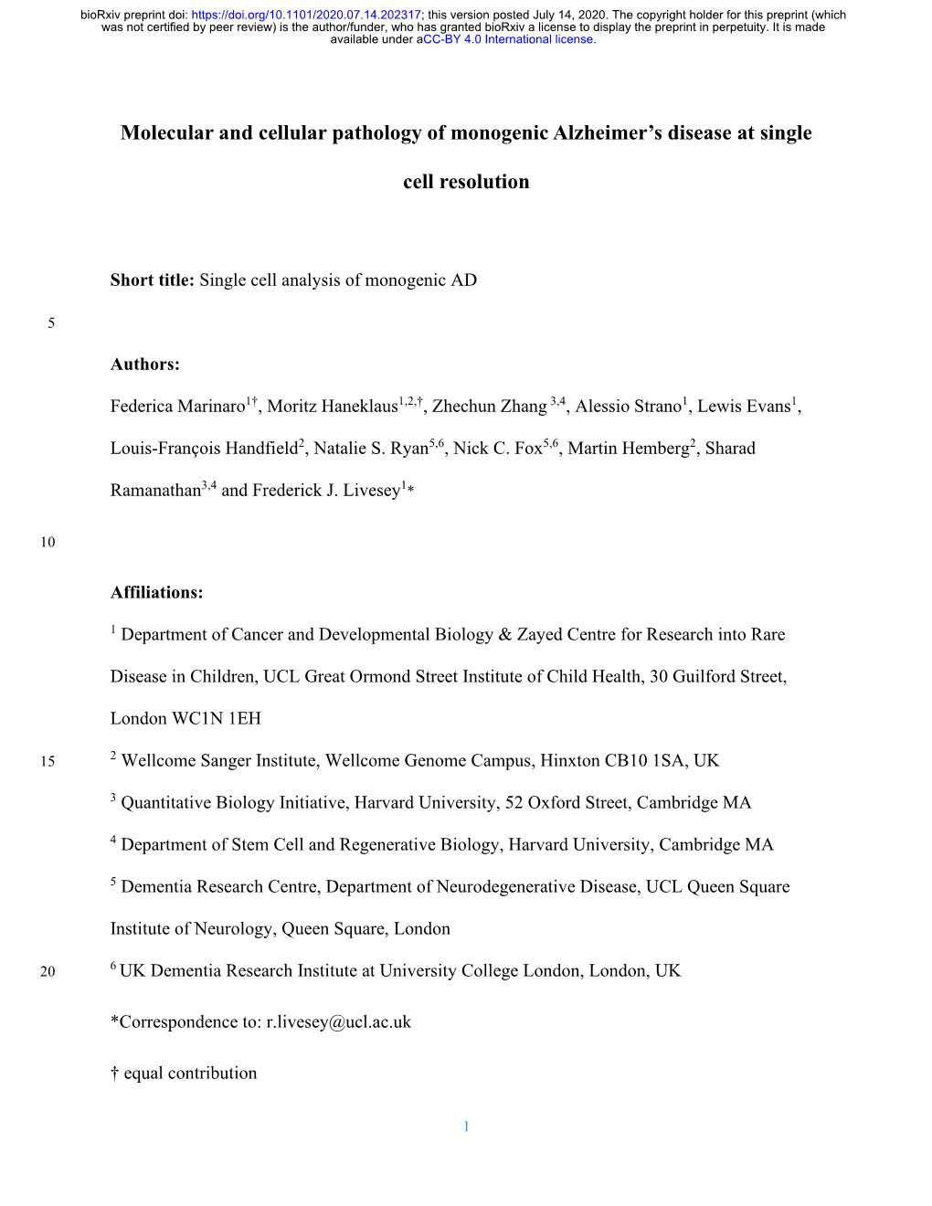 Molecular and Cellular Pathology of Monogenic Alzheimer's Disease At