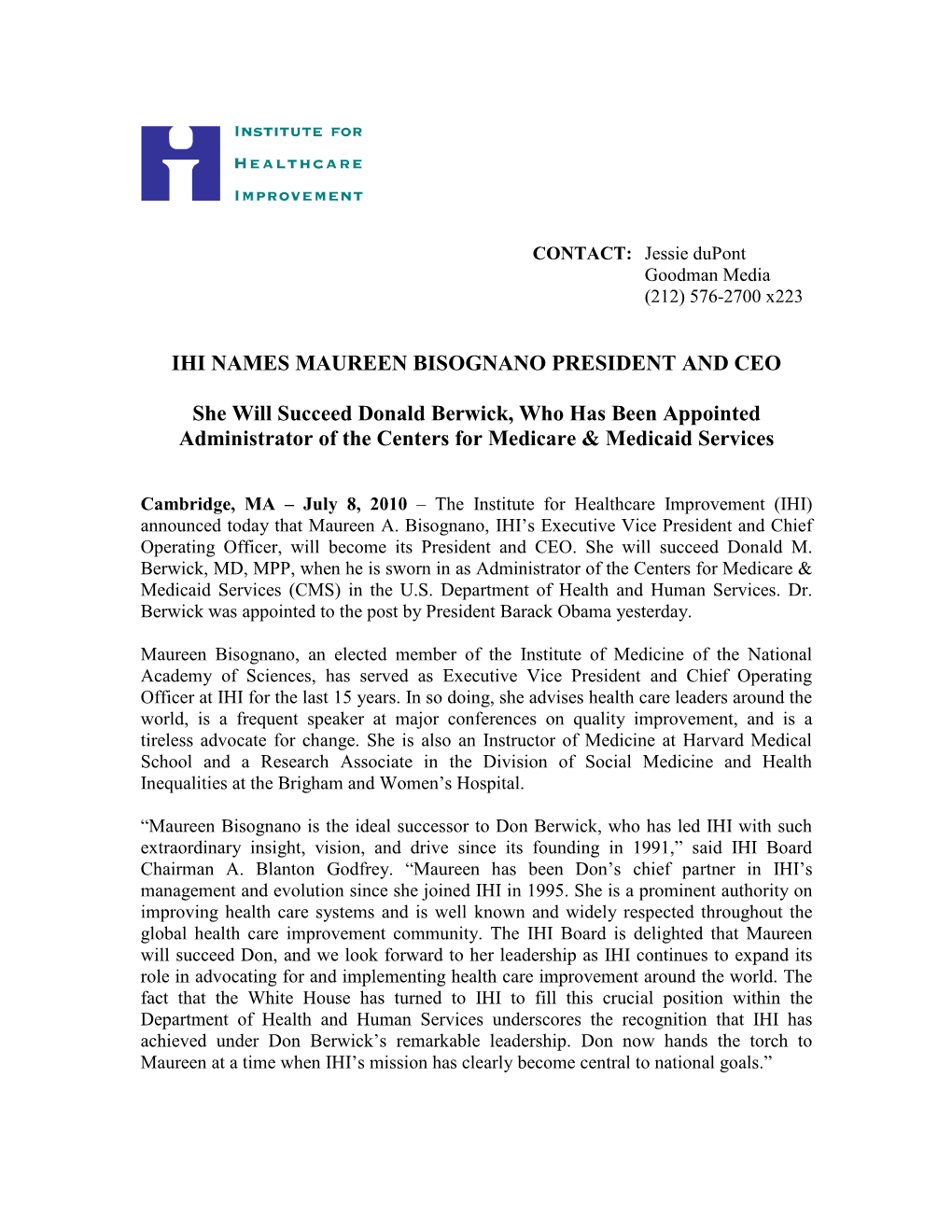 Ihi Names Maureen Bisognano President and Ceo