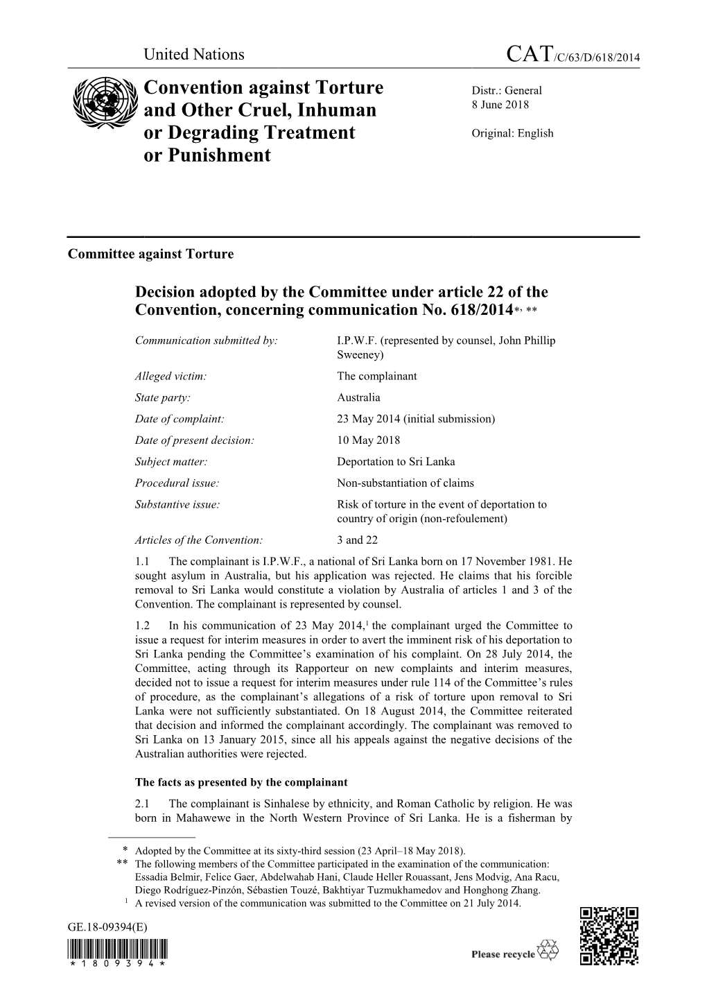 Page 1 GE.18-09394(E) Committee Against Torture Decision