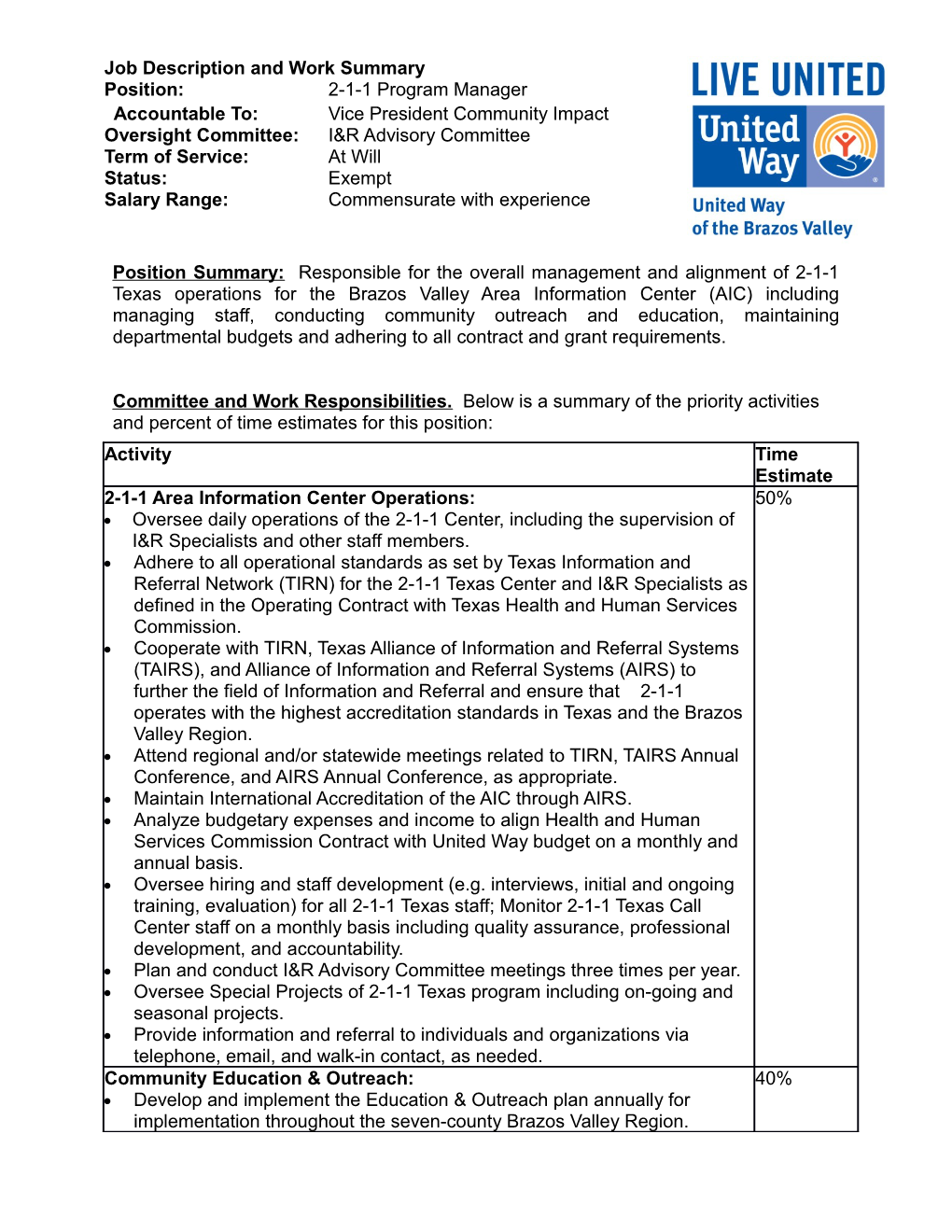 UWBV Job Description and Work Summary