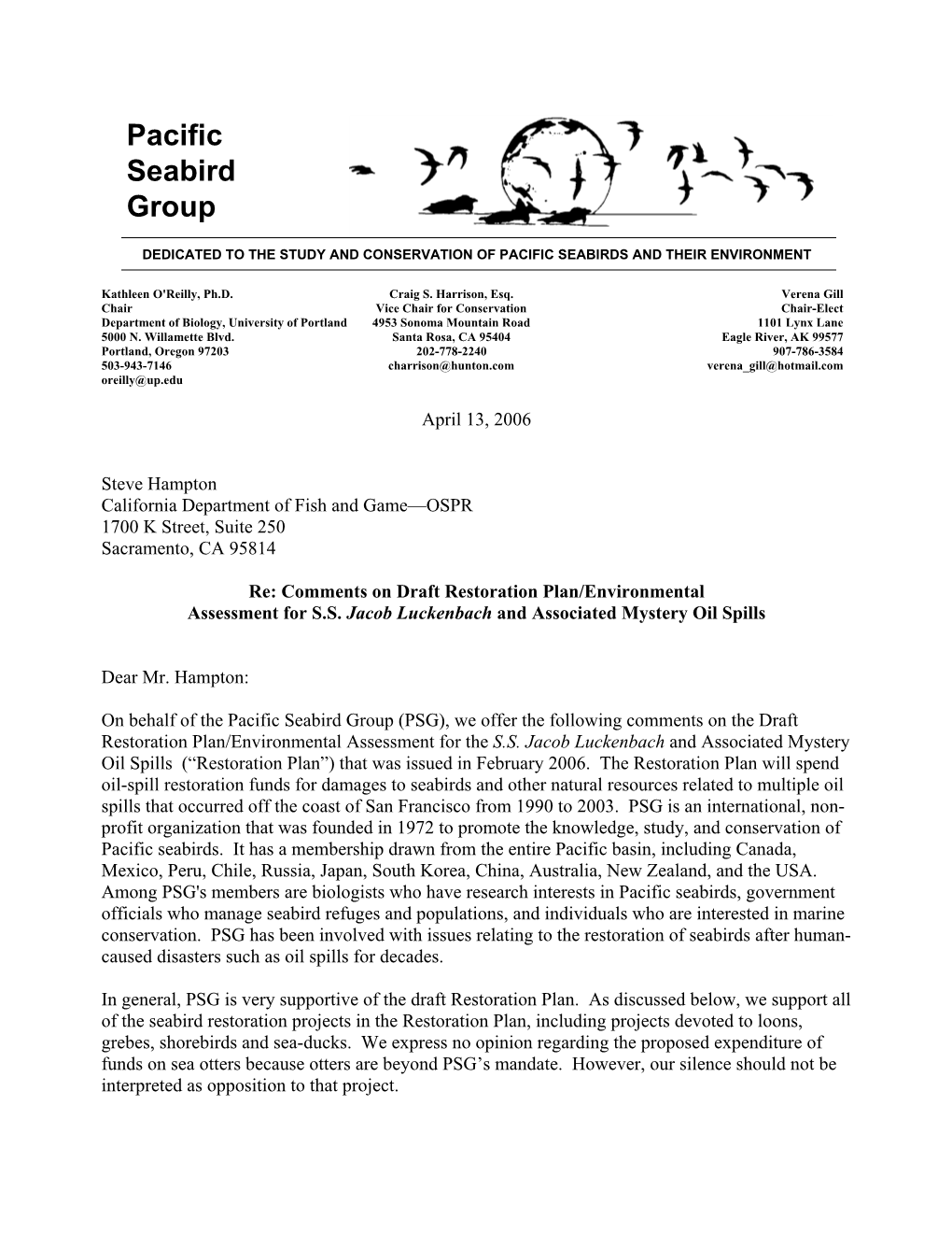 Letter to CA Dept. of Fish & Game