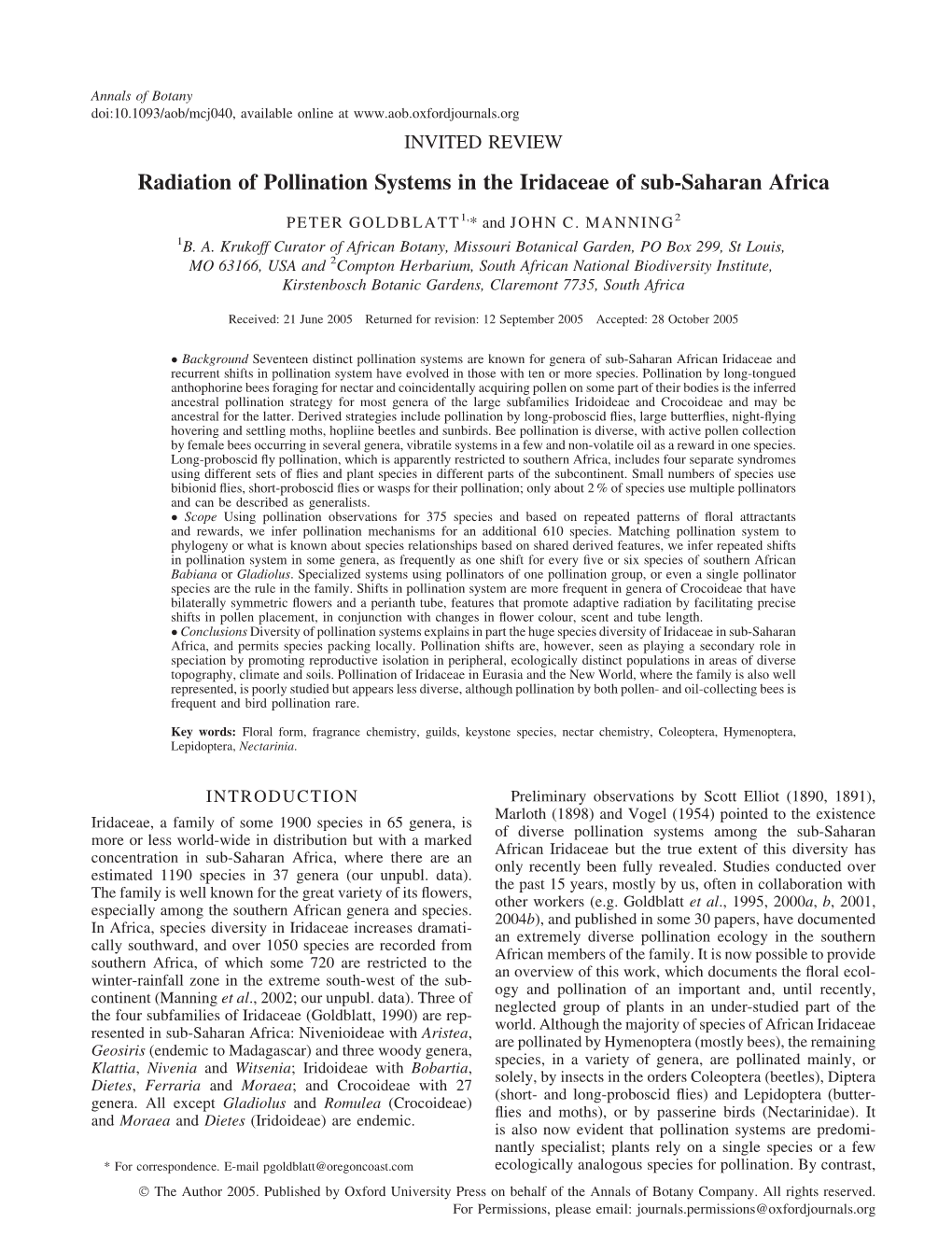 Radiation of Pollination Systems in the Iridaceae of Sub-Saharan Africa