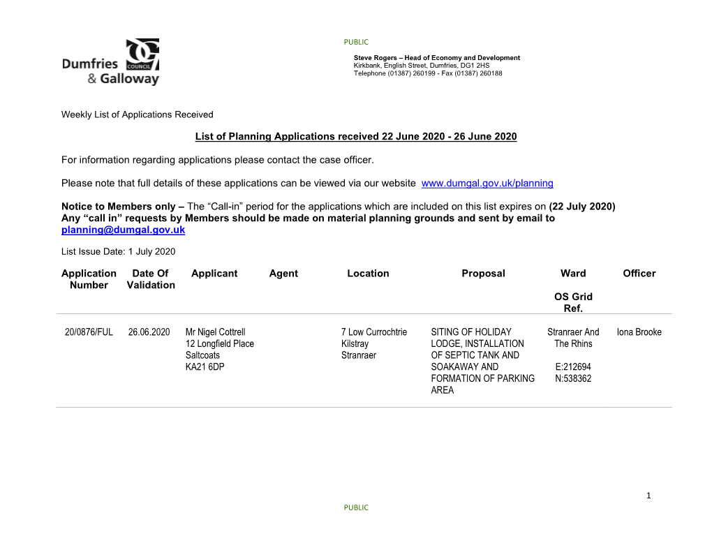 List of Planning Applications Received 22 June 2020 - 26 June 2020