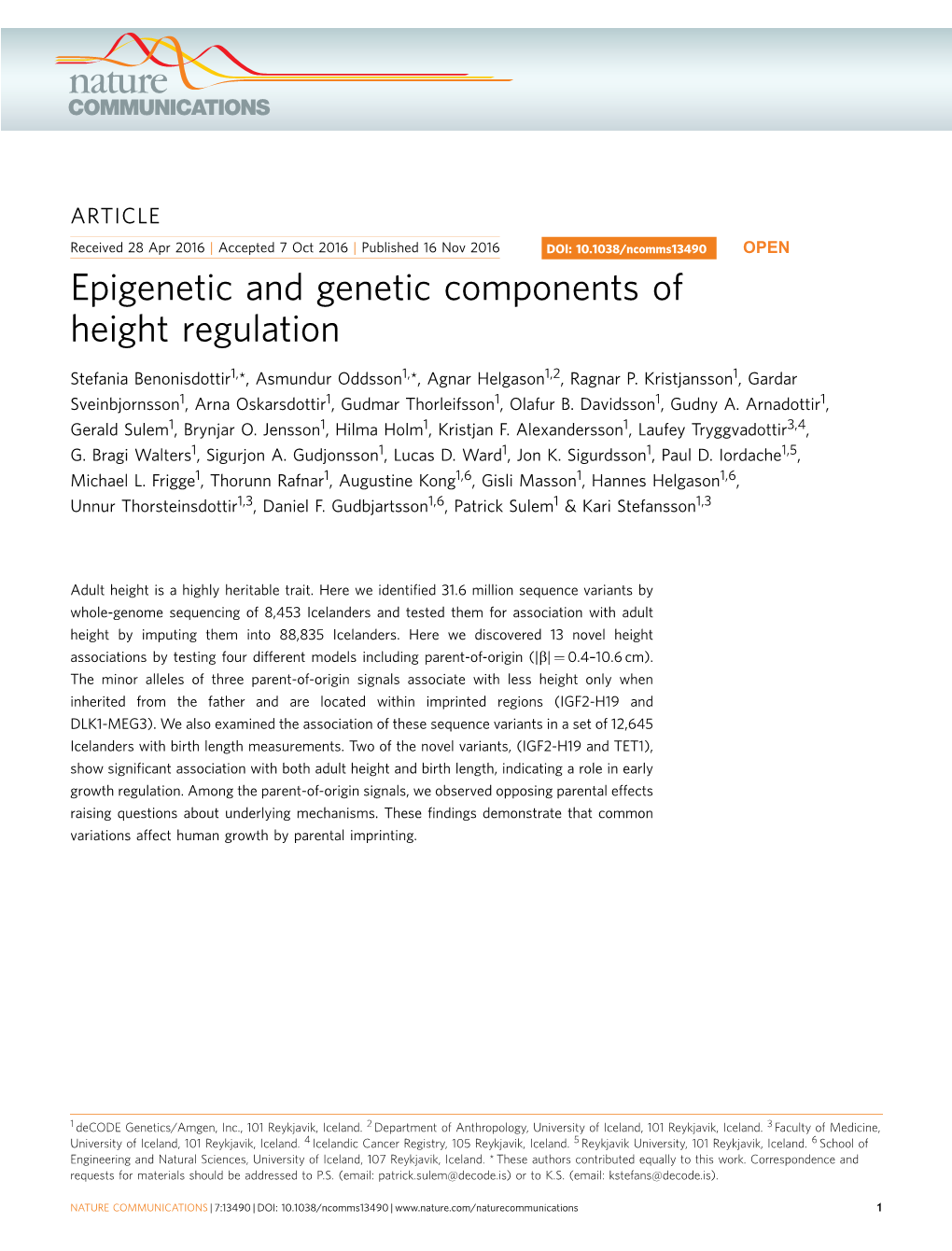 Epigenetic and Genetic Components of Height Regulation