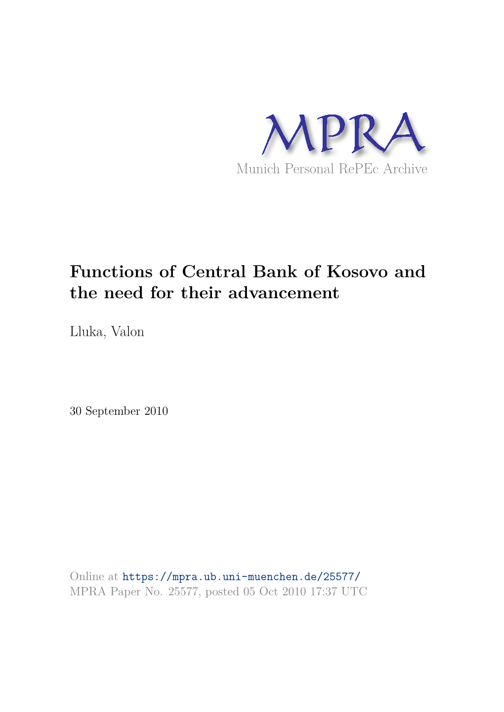 Functions of Central Bank of Kosovo and the Need for Their Advancement
