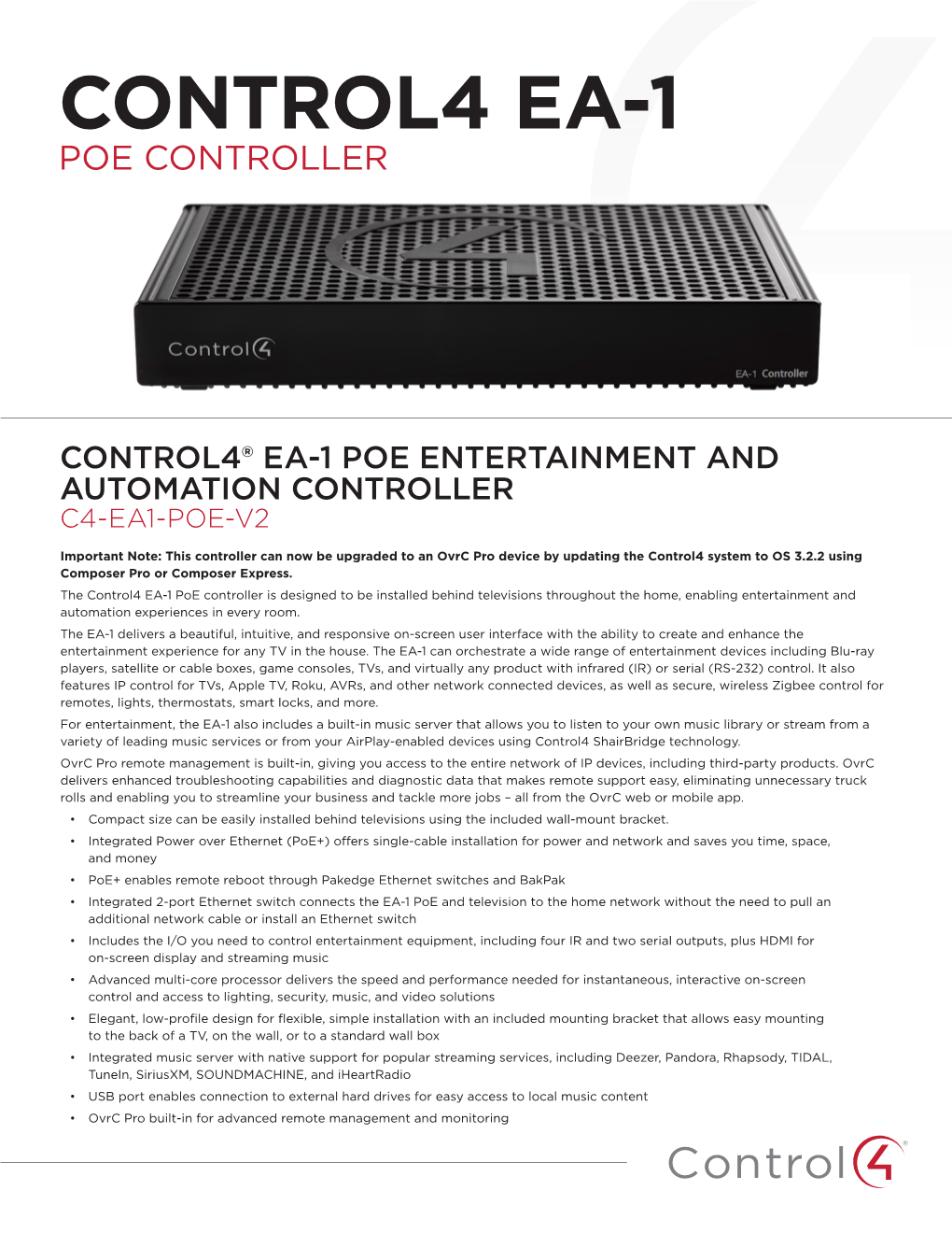 Control4® Ea-1 Poe Entertainment and Automation Controller C4-Ea1-Poe-V2