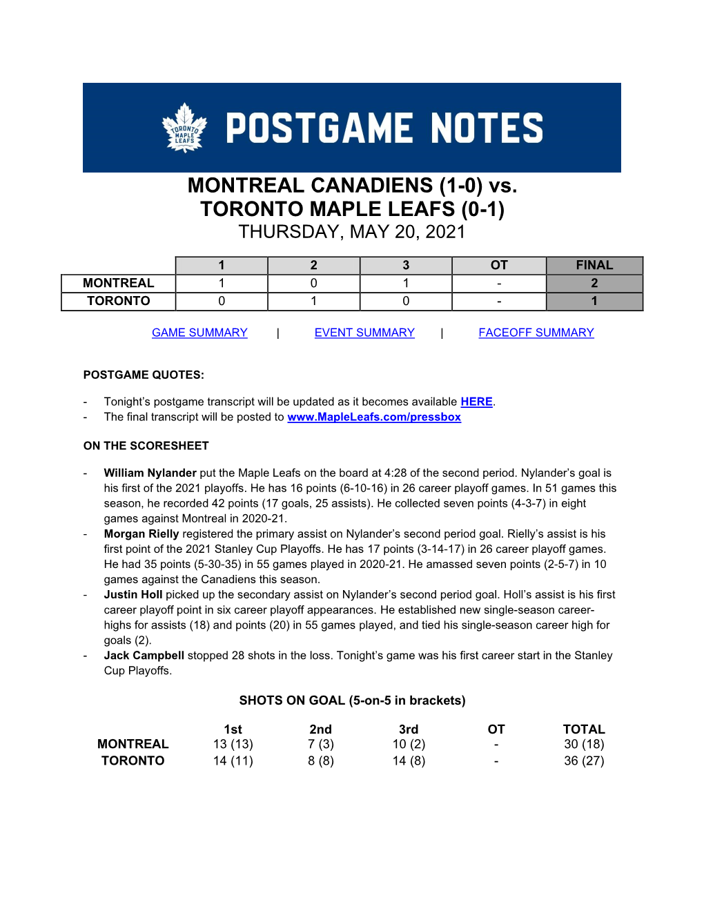 MONTREAL CANADIENS (1-0) Vs. TORONTO MAPLE LEAFS (0-1) THURSDAY, MAY 20, 2021