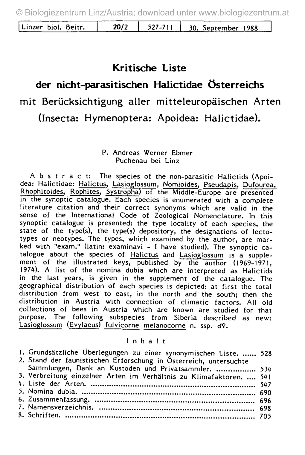 Kritische Liste Der Nicht-Parasitischen Halictidae Österreichs Mit Berücksichtigung Aller Mitteleuropäischen Arten (Insecta: Hymenoptera: Apoidea: Halictidae)