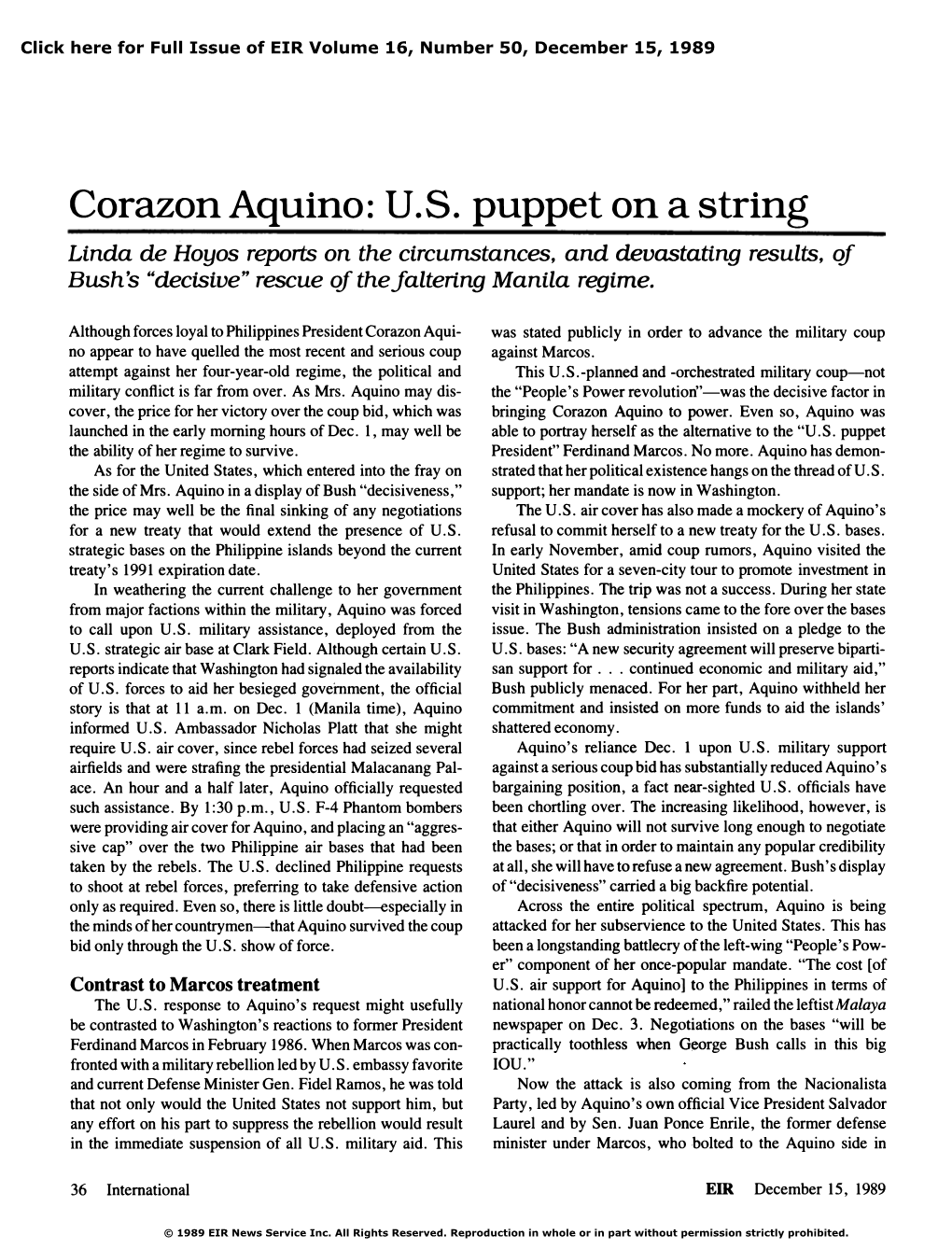 Corazon Aquino: U.S. Puppet on a String