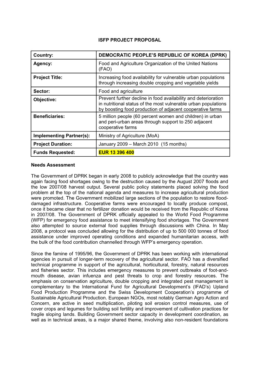 General Format for ISFP Summary Project Proposal to the European Commission