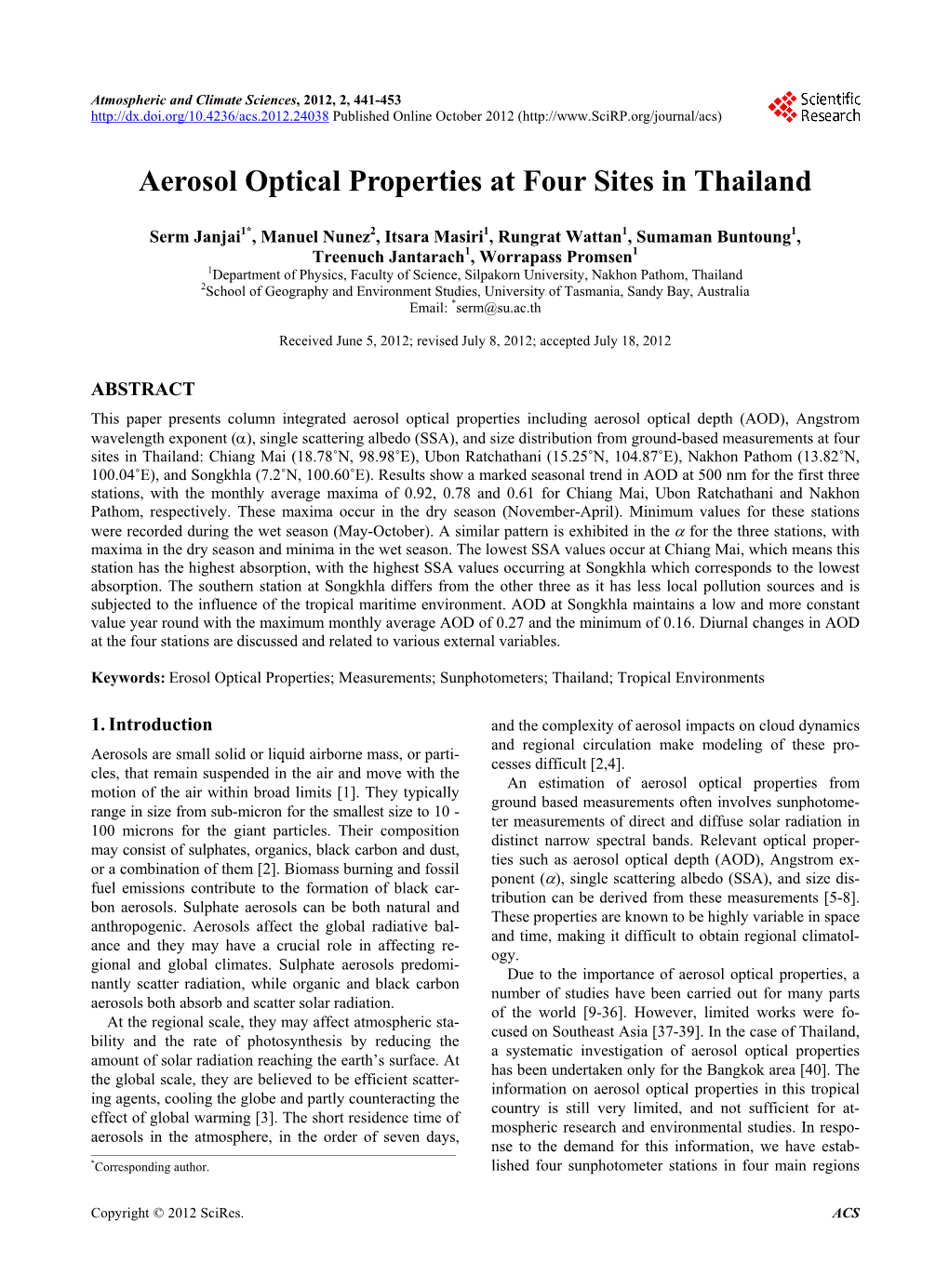 Aerosol Optical Properties at Four Sites in Thailand