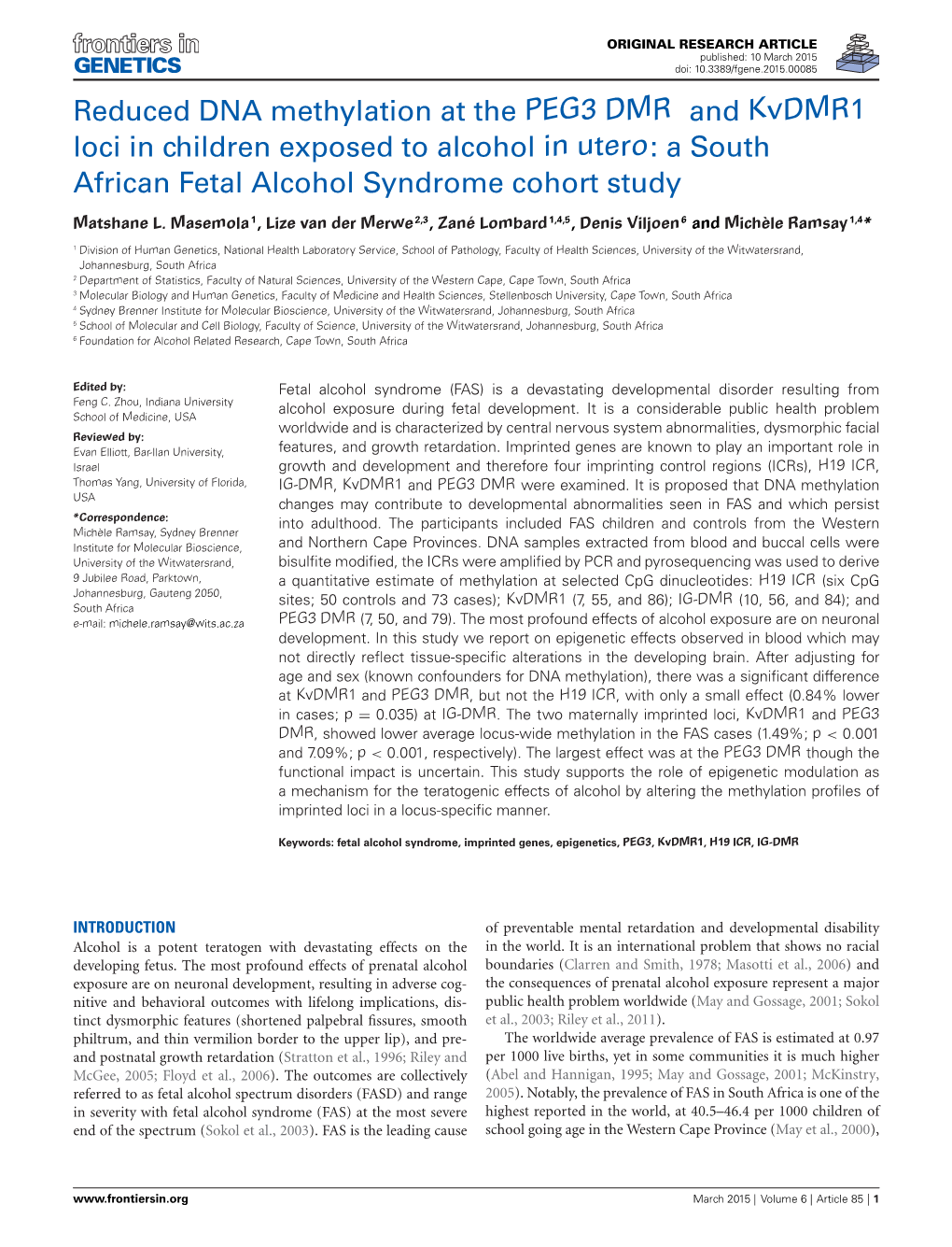 Reduced DNA Methylation at the PEG3 DMR and Kvdmr1 Loci in Children Exposed to Alcohol in Utero: a South African Fetal Alcohol Syndrome Cohort Study