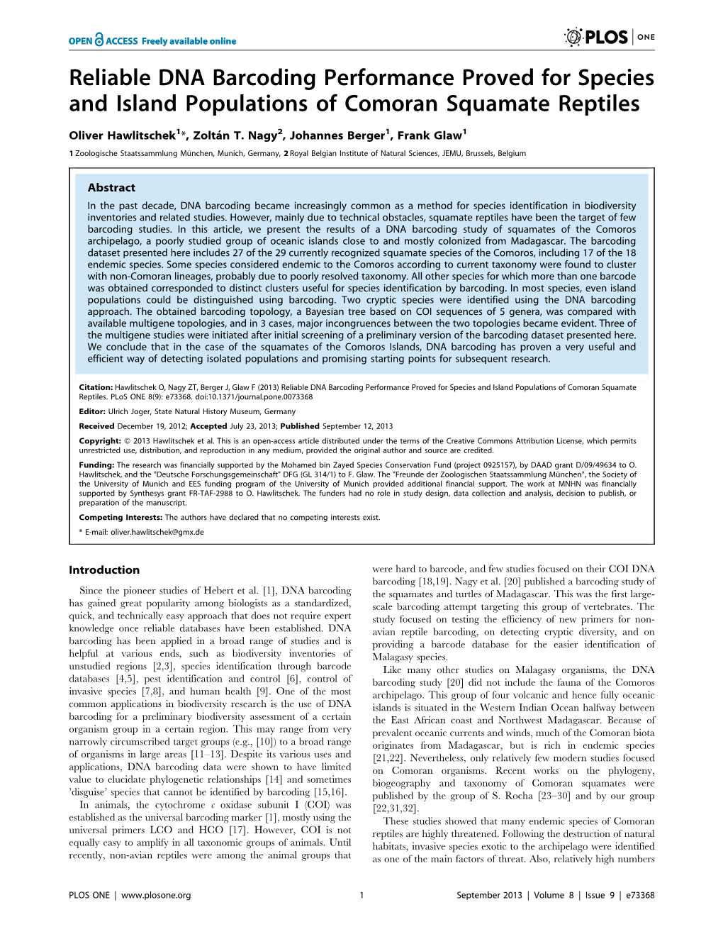 Reliable DNA Barcoding Performance Proved for Species and Island Populations of Comoran Squamate Reptiles