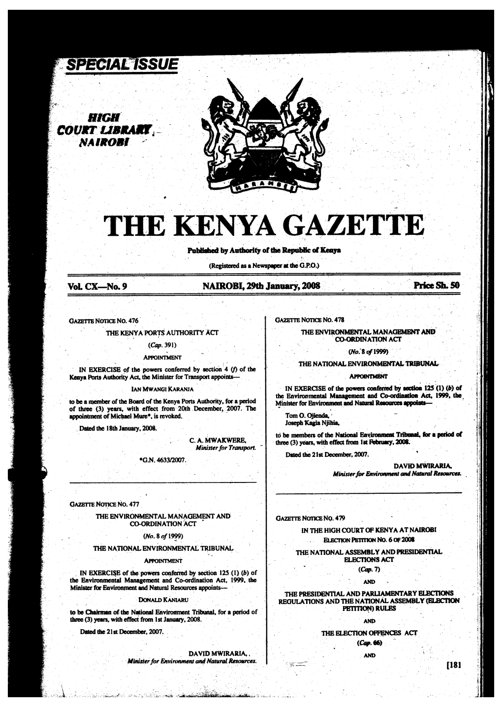 THE KENYA GAZETTE Published by Authority of the Republic of Kenya (Registered As a Newspaper at the G.P.O.)