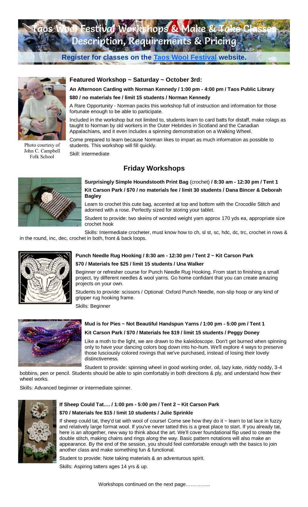 Taos Wool Festival Workshops & Make & Take Classes Description