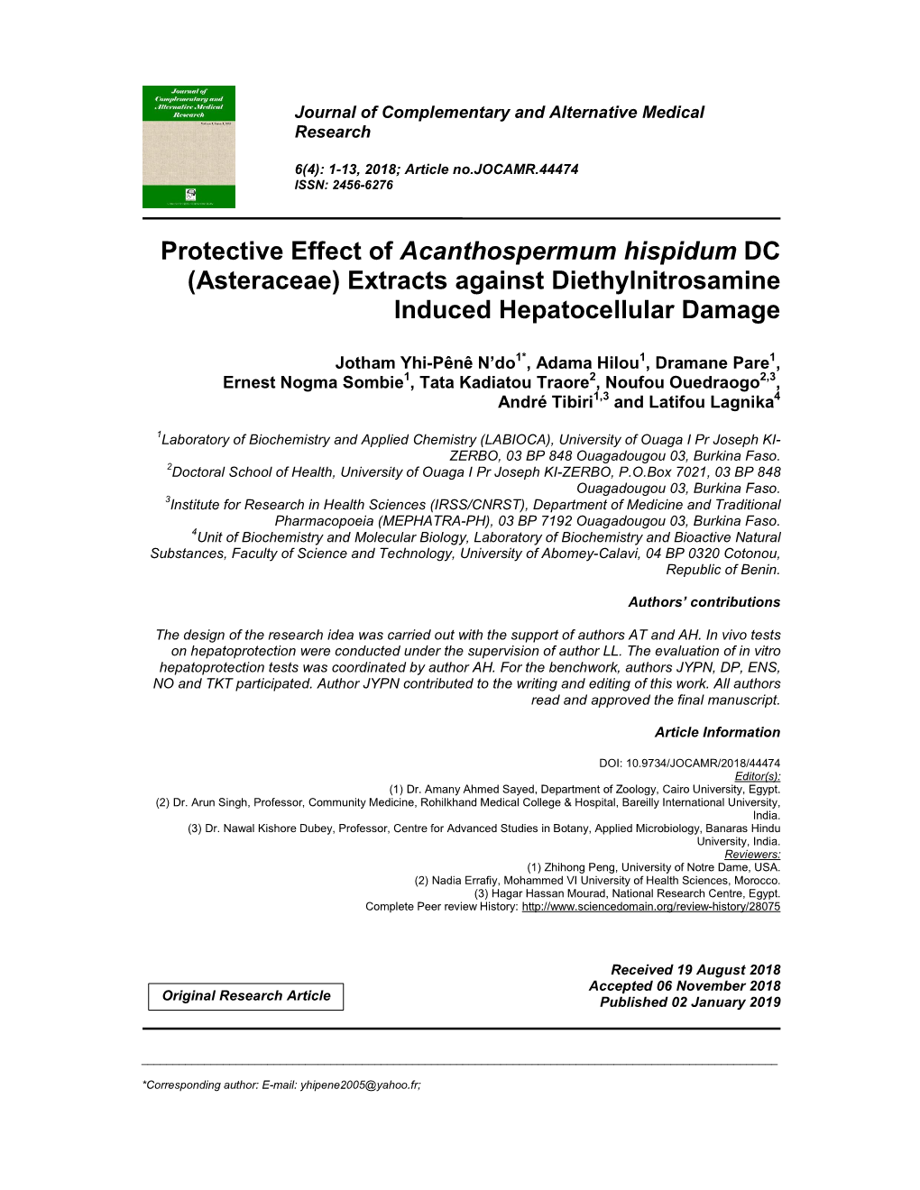 Protective Effect of Acanthospermum Hispidum DC (Asteraceae) Extracts Against Diethylnitrosamine Induced Hepatocellular Damage