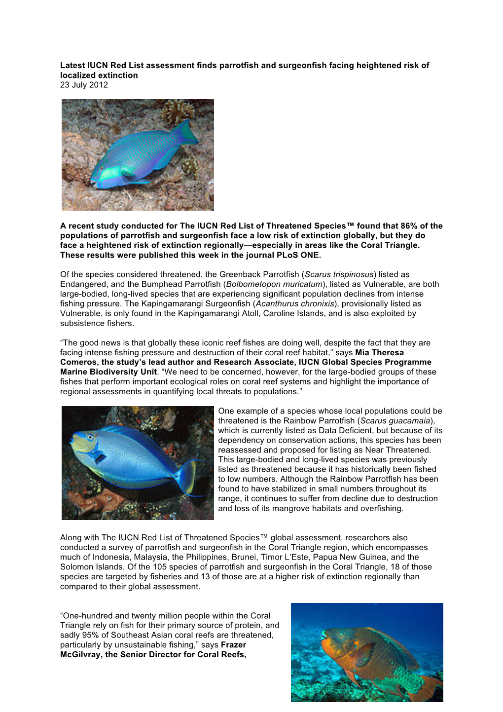 Page 1 Latest IUCN Red List Assessment Finds Parrotfish And