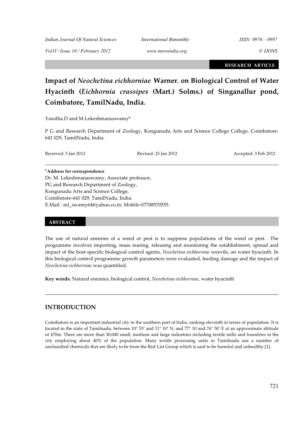 Impact of Neochetina Eichhorniae Warner. on Biological Control Of