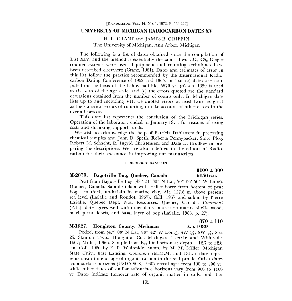 University of Michigan Radiocarbon Dates Xv H