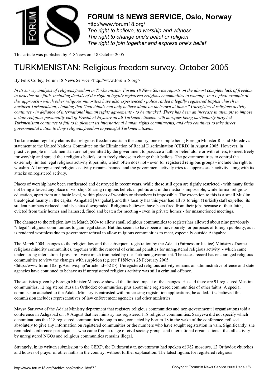 TURKMENISTAN: Religious Freedom Survey, October 2005