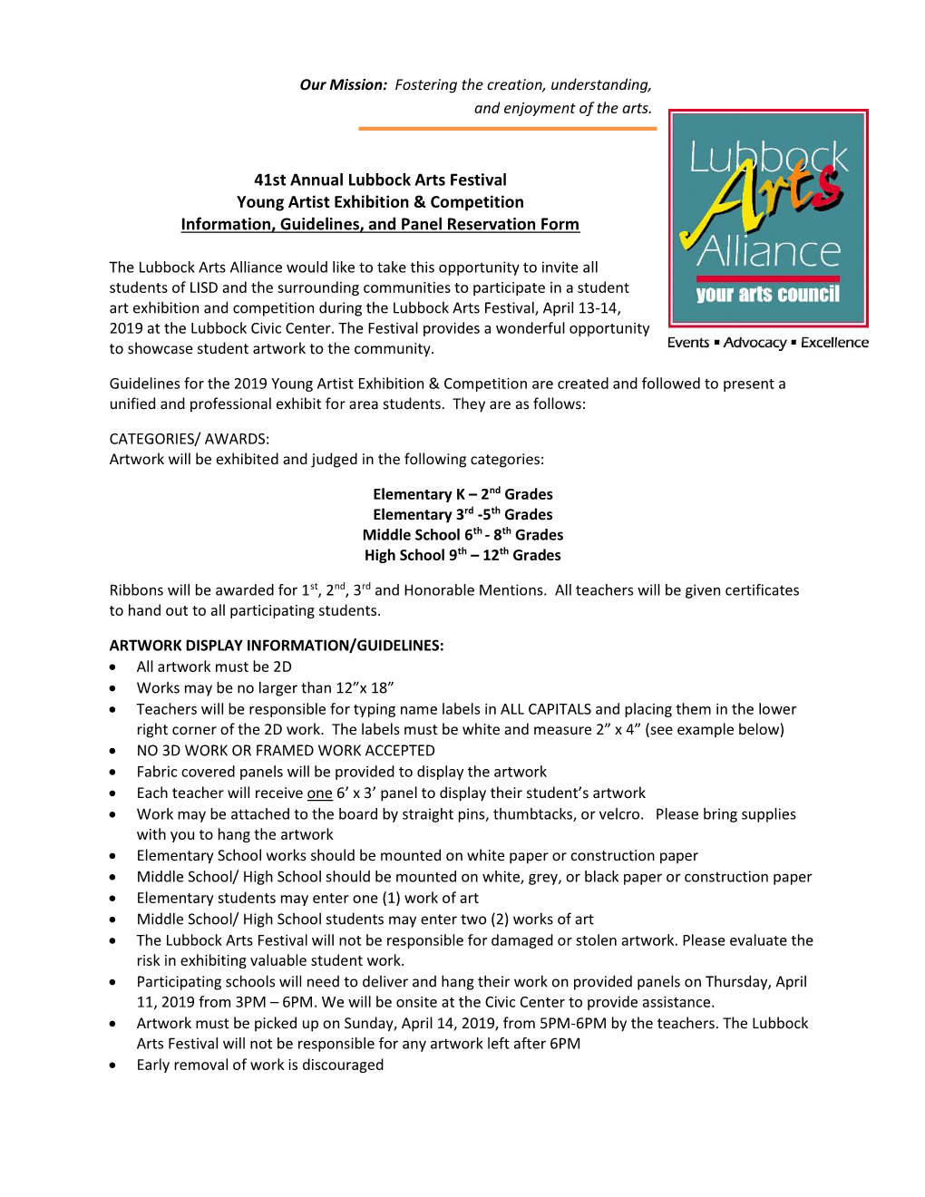 41St Annual Lubbock Arts Festival Young Artist Exhibition & Competition Information, Guidelines, and Panel Reservation Form