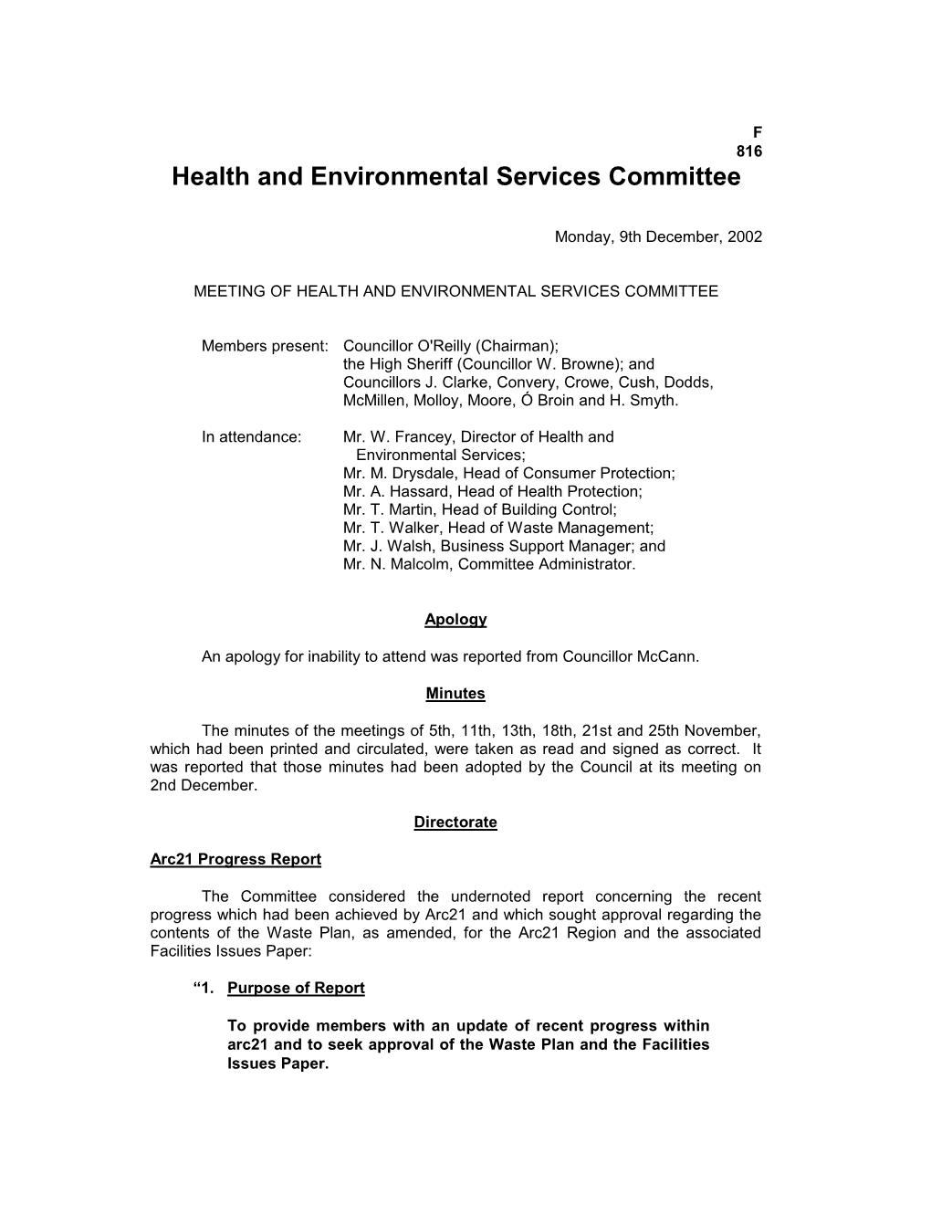 Health and Environmental Services Committee