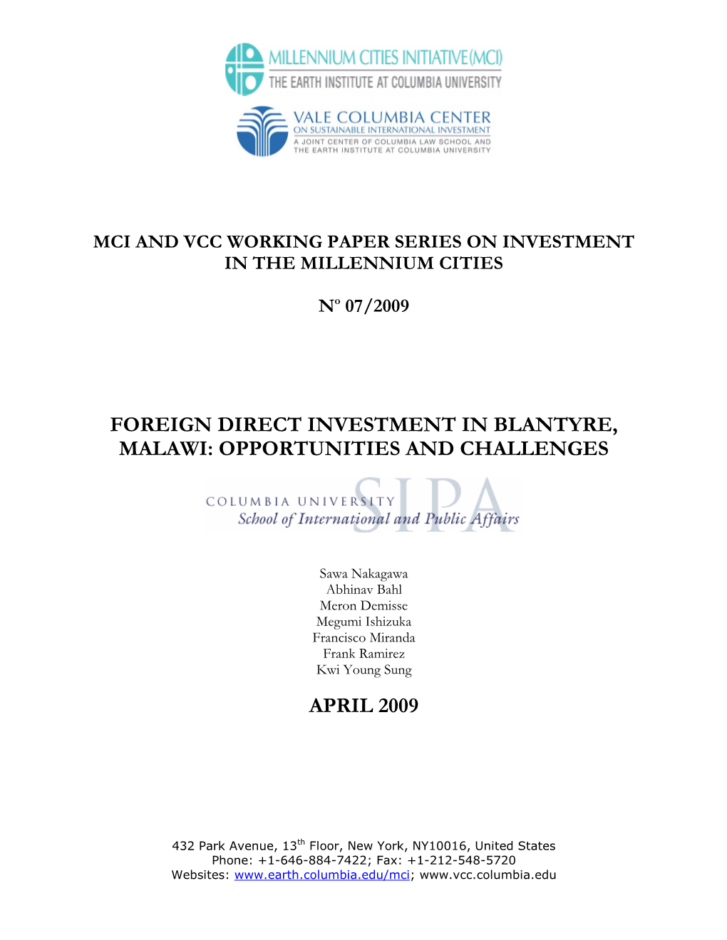 Foreign Direct Investment in Blantyre, Malawi: Opportunities and Challenges