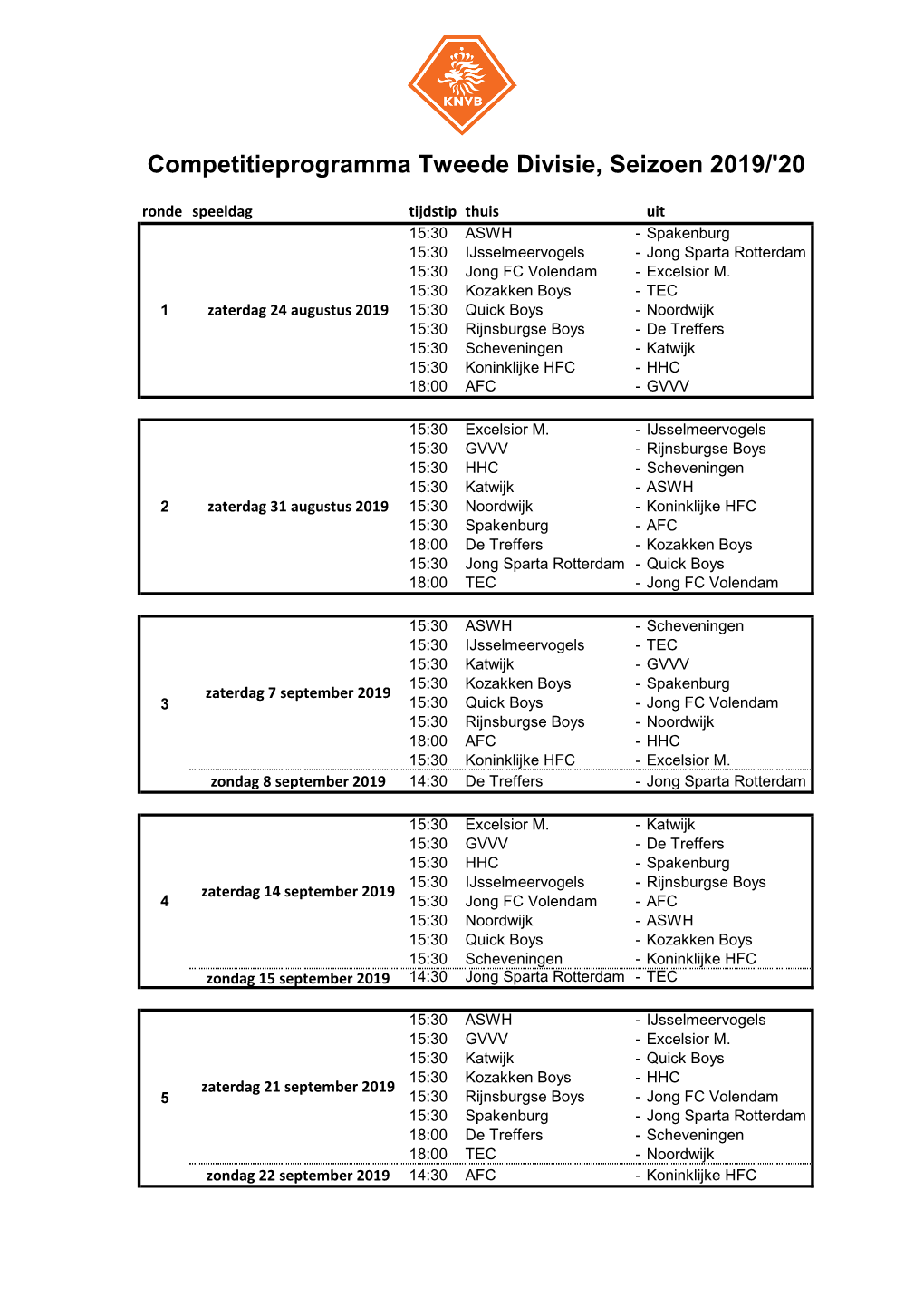 Competitieprogramma Tweede Divisie, Seizoen 2019