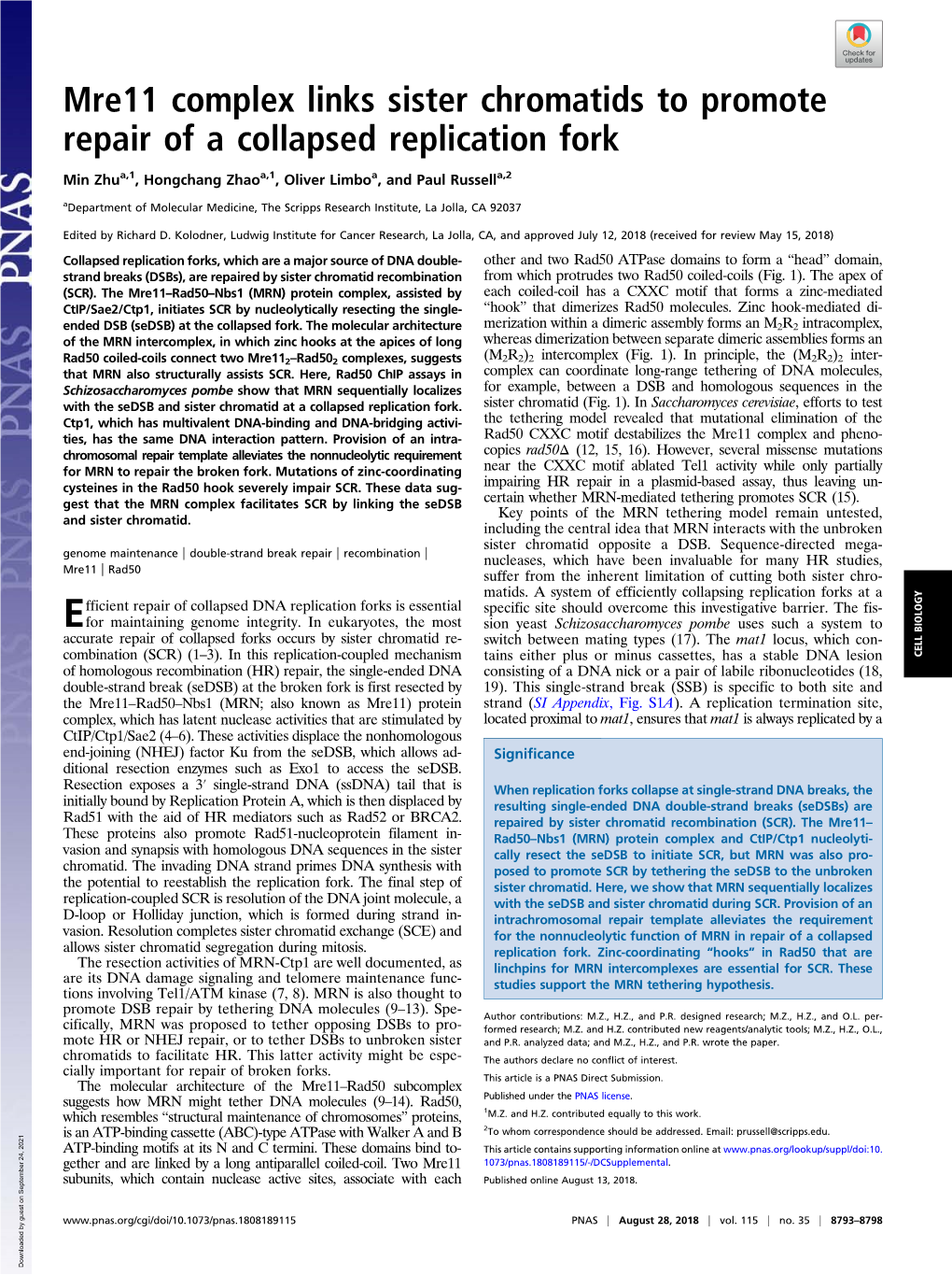 Mre11 Complex Links Sister Chromatids to Promote Repair of a Collapsed Replication Fork