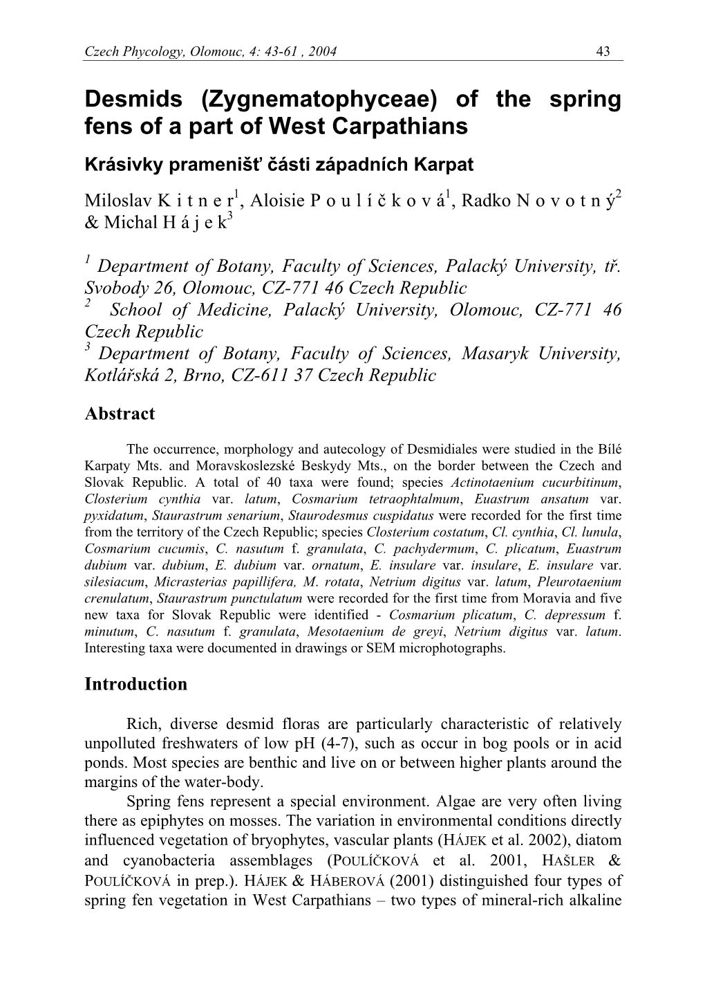 Desmids (Zygnematophyceae) of the Spring Fens of a Part of West Carpathians