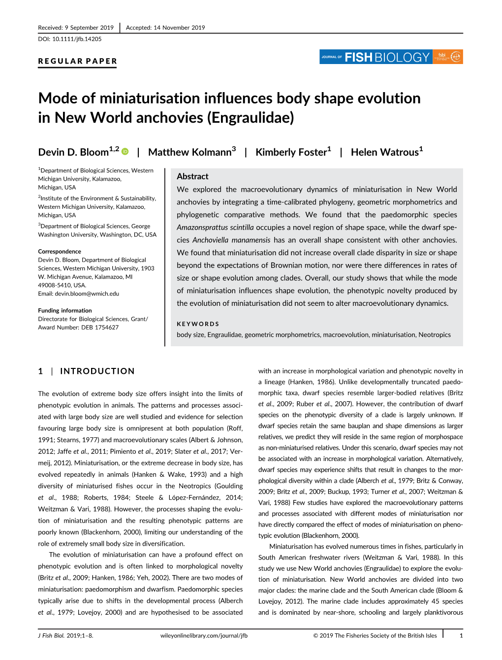 Bloom & Kolmann Et Al 2019 Miniaturization in New World