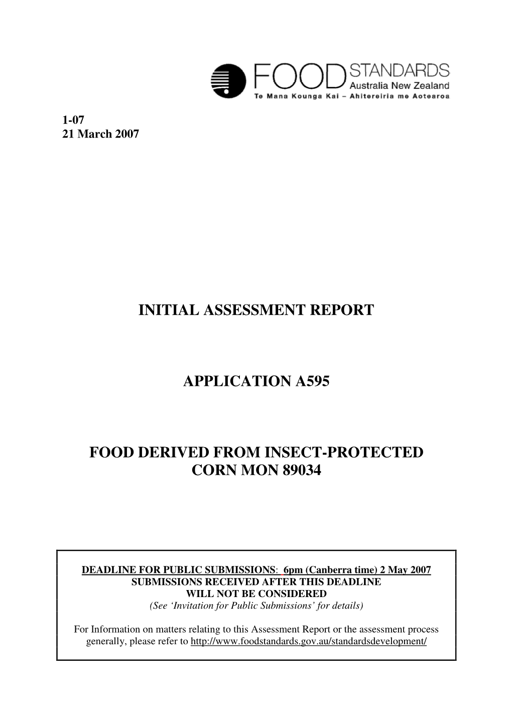 Initial Assessment Report Application A595 Food