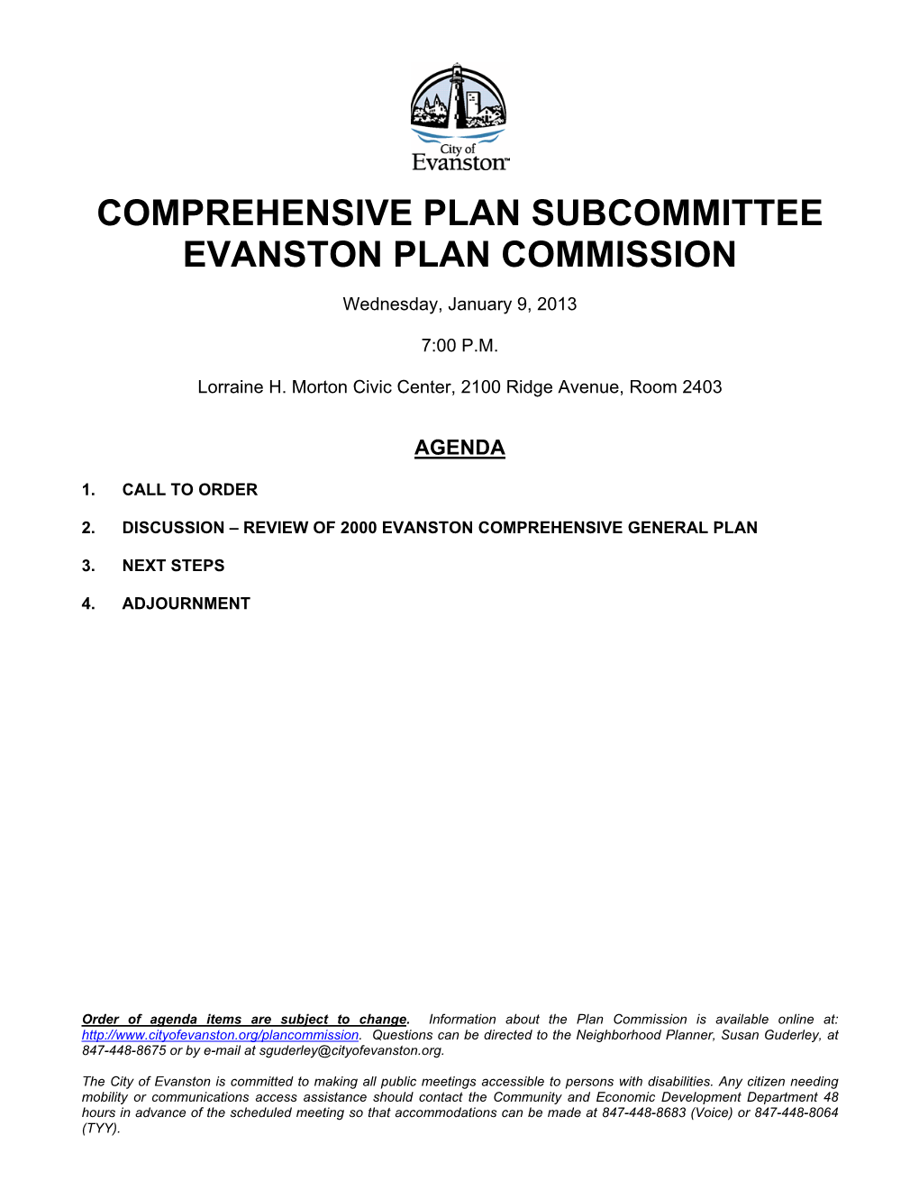 Comprehensive Plan Subcommittee Evanston Plan Commission