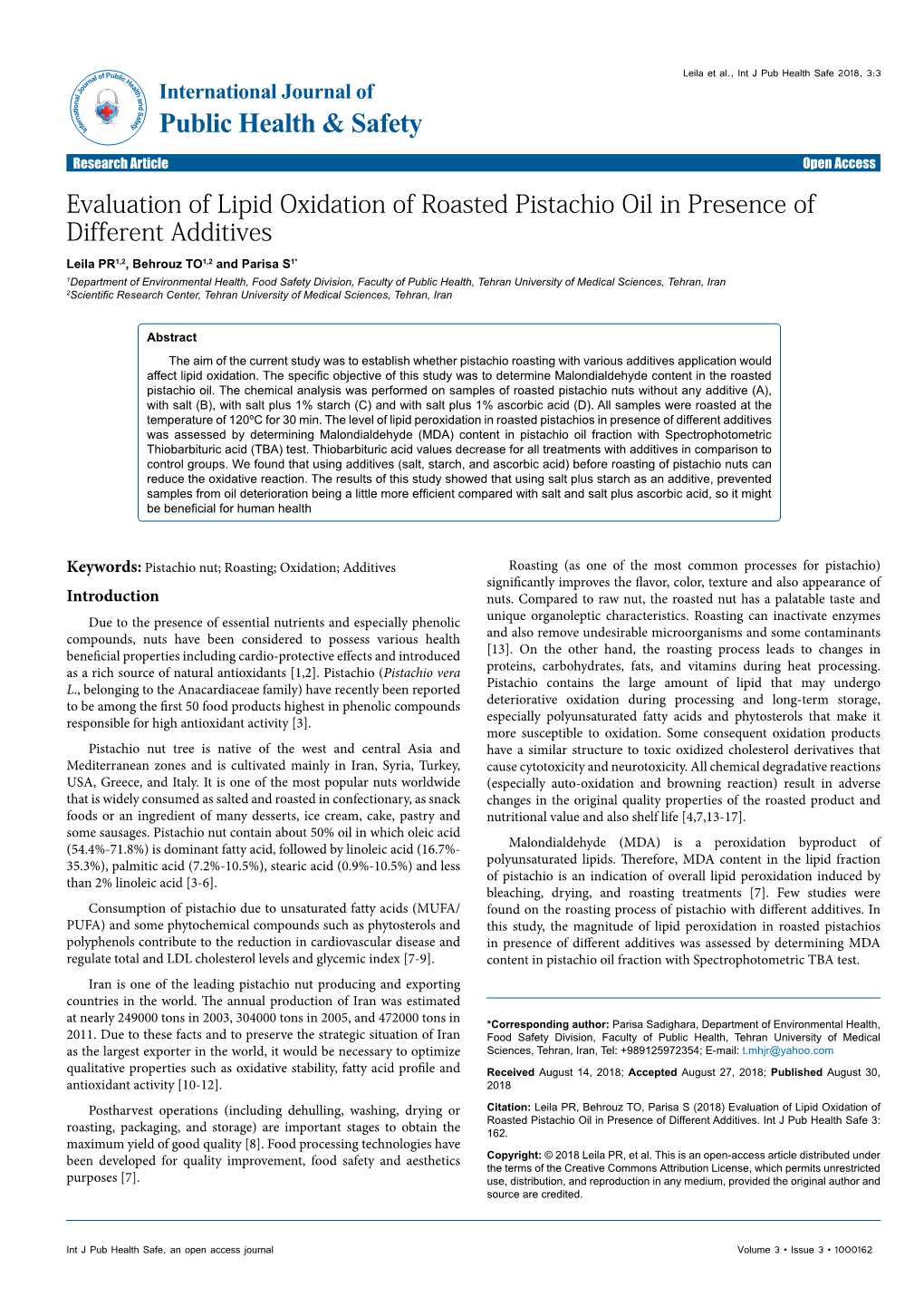 Evaluation of Lipid Oxidation of Roasted Pistachio Oil in Presence of Different Additives