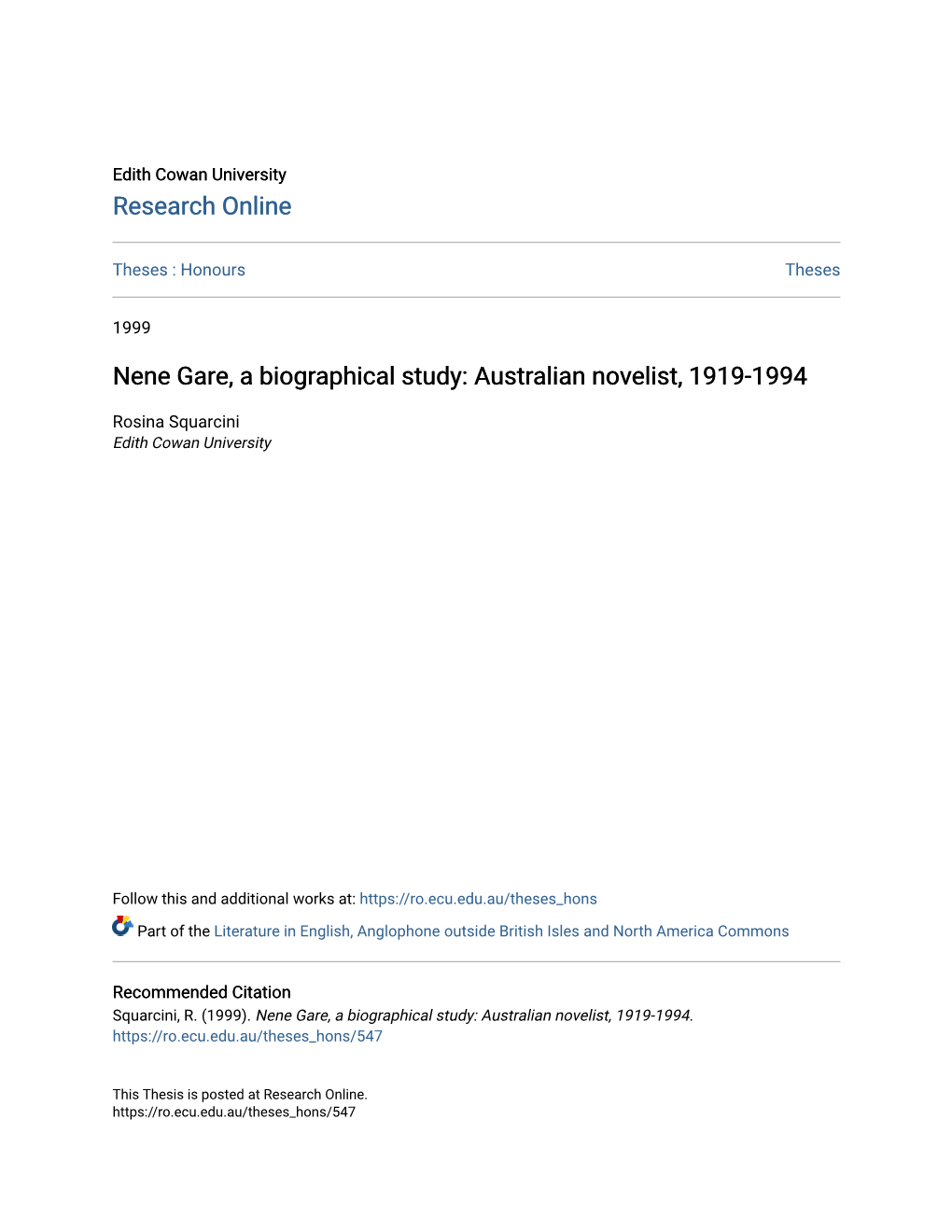 Nene Gare, a Biographical Study: Australian Novelist, 1919-1994