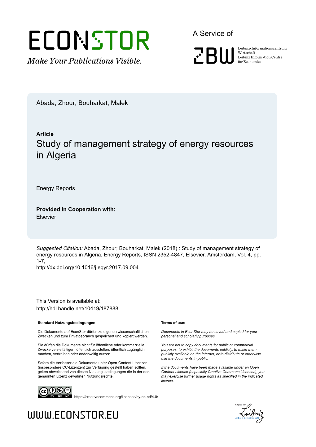 Study of Management Strategy of Energy Resources in Algeria