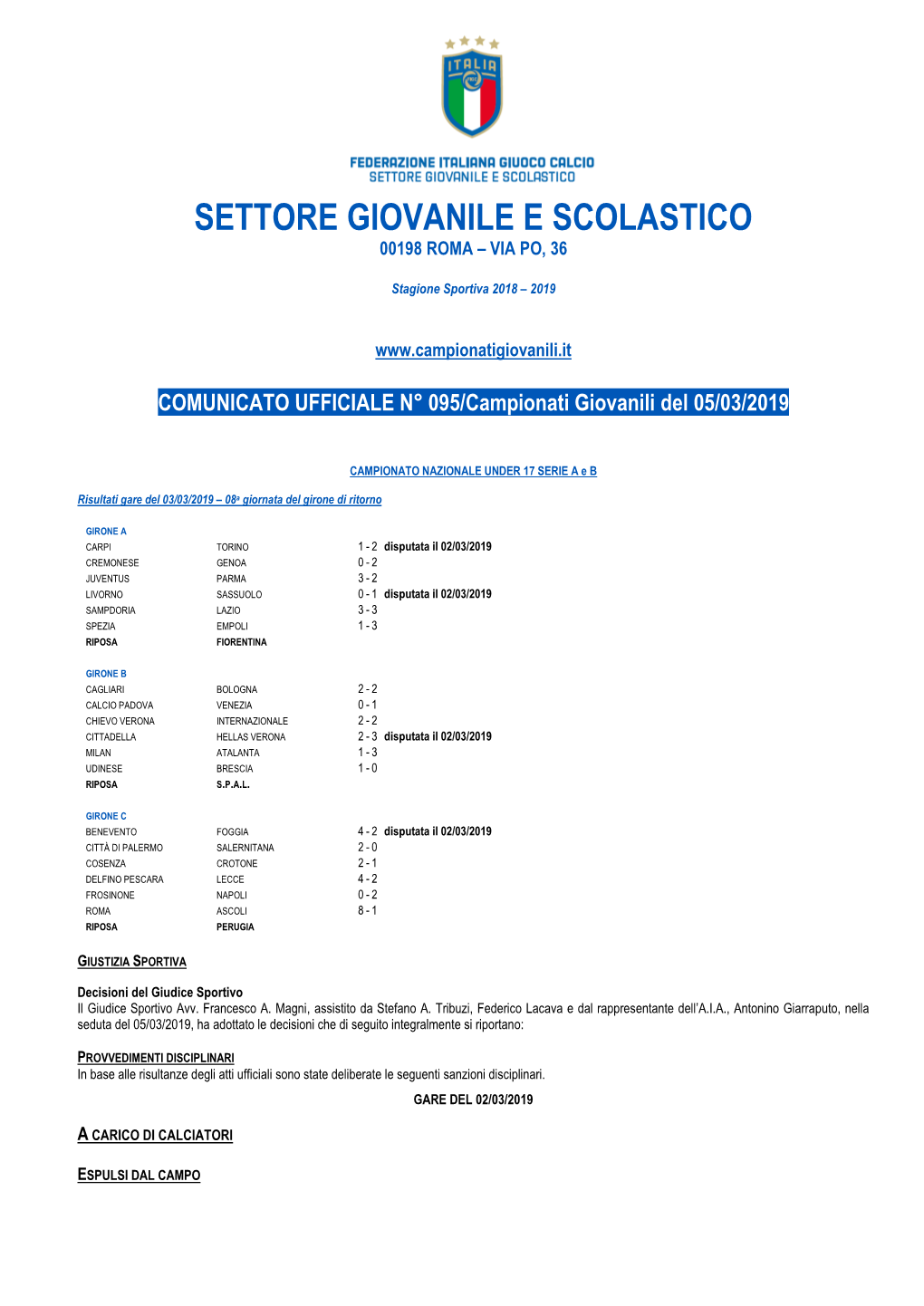 Settore Giovanile E Scolastico 00198 Roma – Via Po, 36