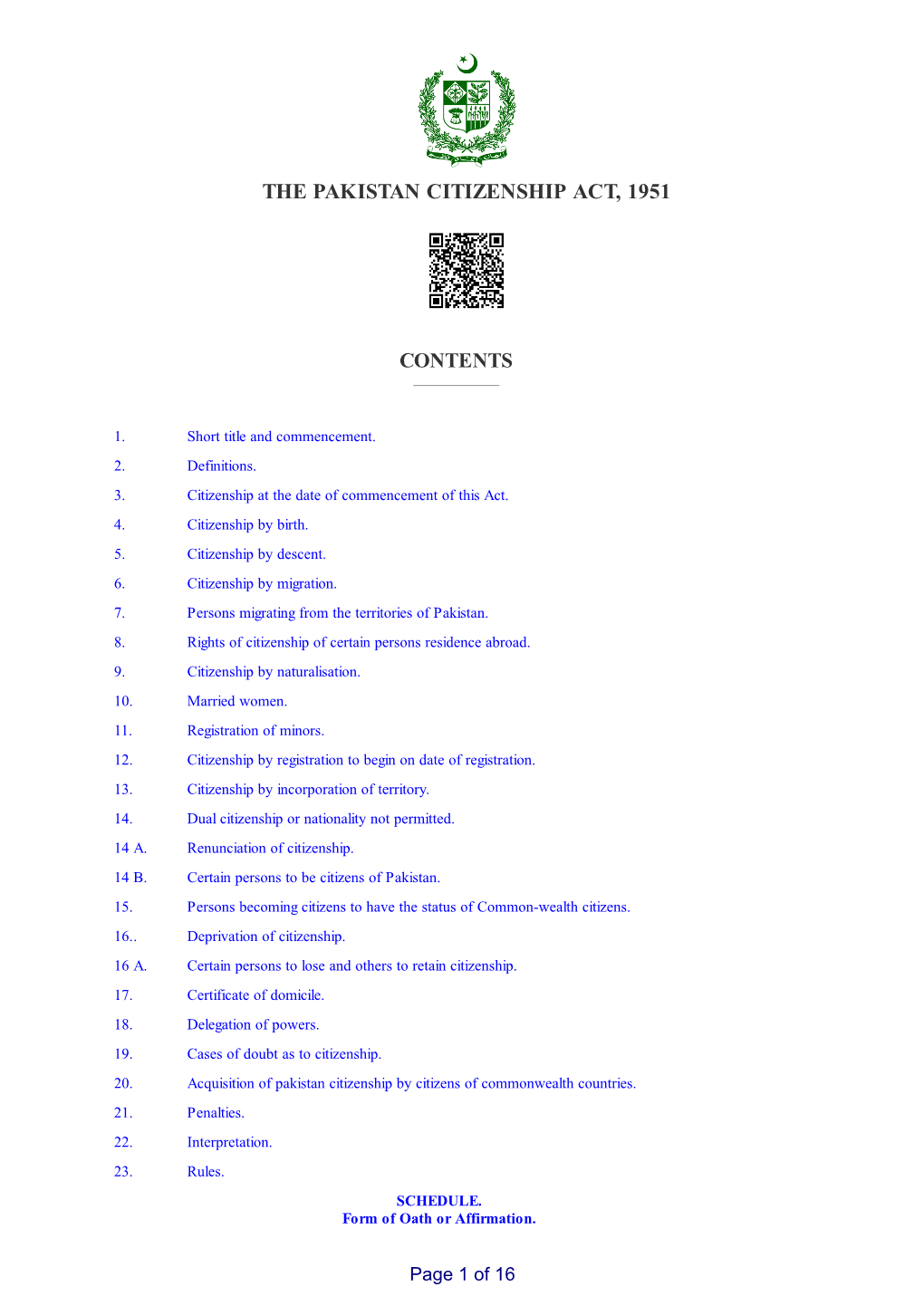 The Pakistan Citizenship Act, 1951 Contents