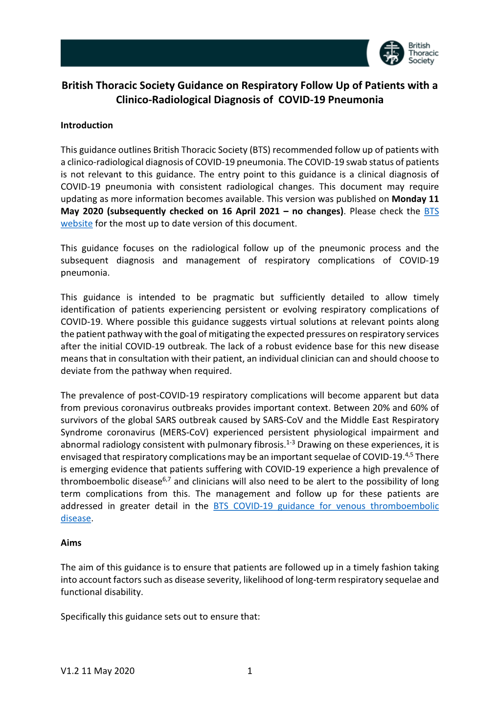 British Thoracic Society Guidance on Respiratory Follow up of Patients with a Clinico-Radiological Diagnosis of COVID-19 Pneumonia