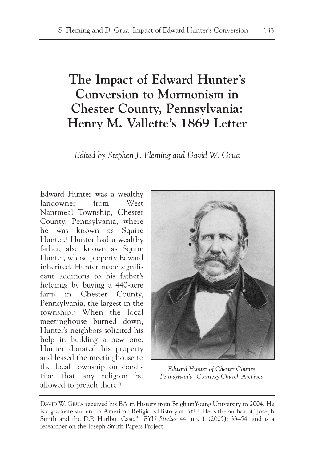 The Impact of Edward Hunter's Conversion to Mormonism in Chester County, Pennsylvania: Henry M. Vallette's 1869 Letter